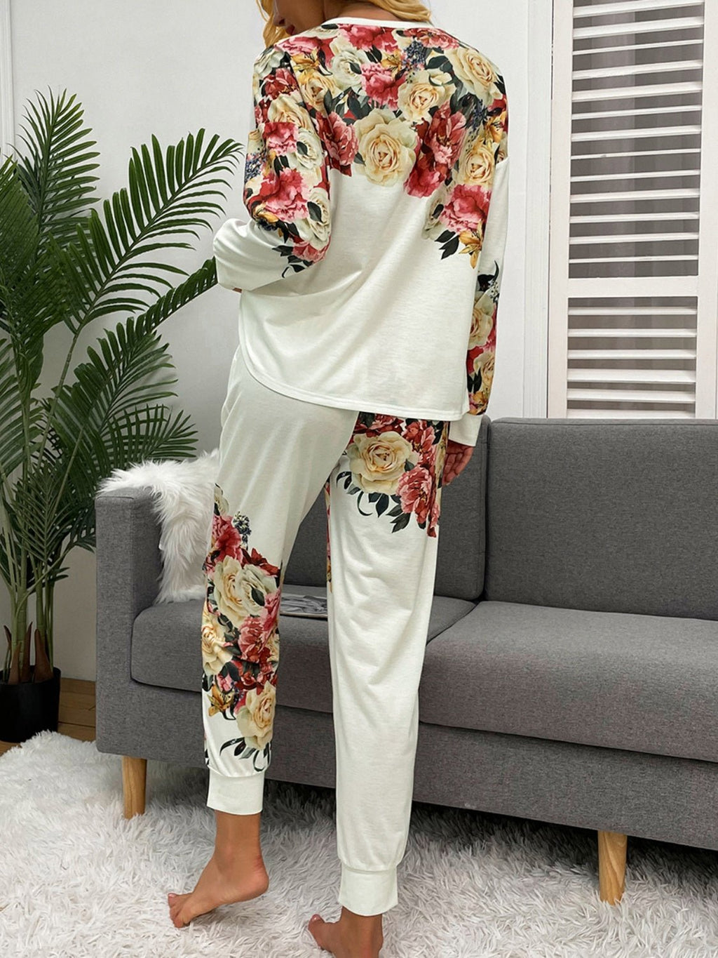 Shiny Printed Round Neck Top and Pants Lounge Set - ViarousViarousViarous