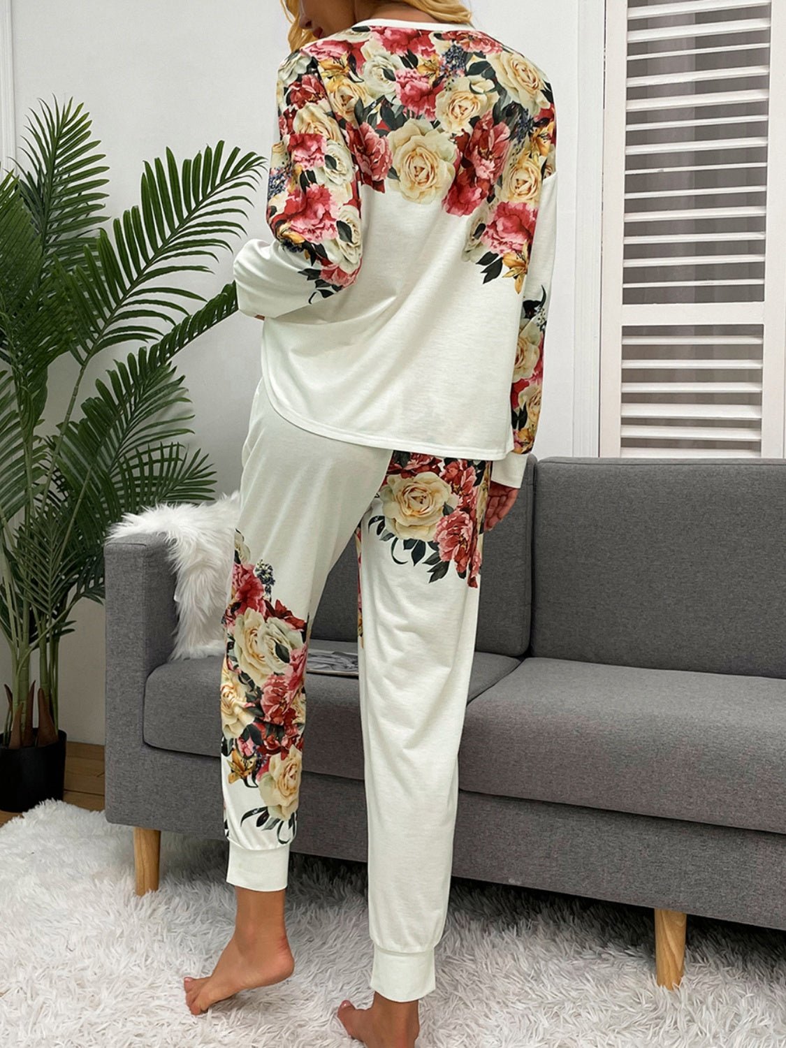 Shiny Printed Round Neck Top and Pants Lounge Set - ViarousViarousViarous