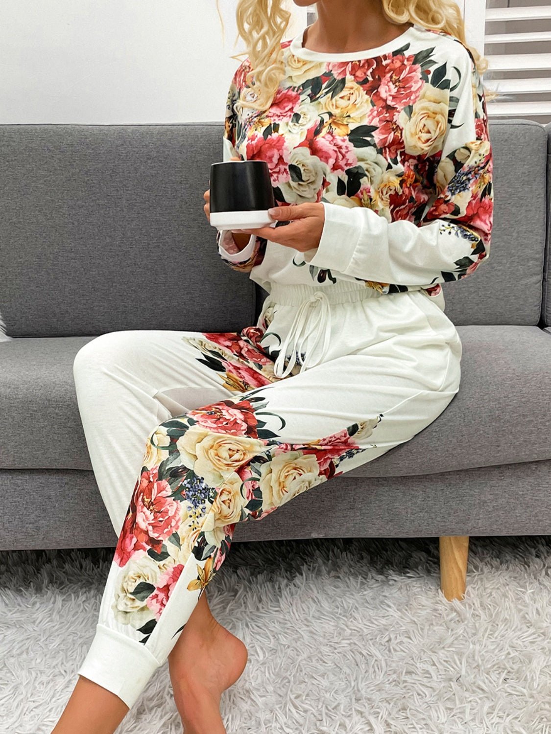 Shiny Printed Round Neck Top and Pants Lounge Set - ViarousViarousViarous