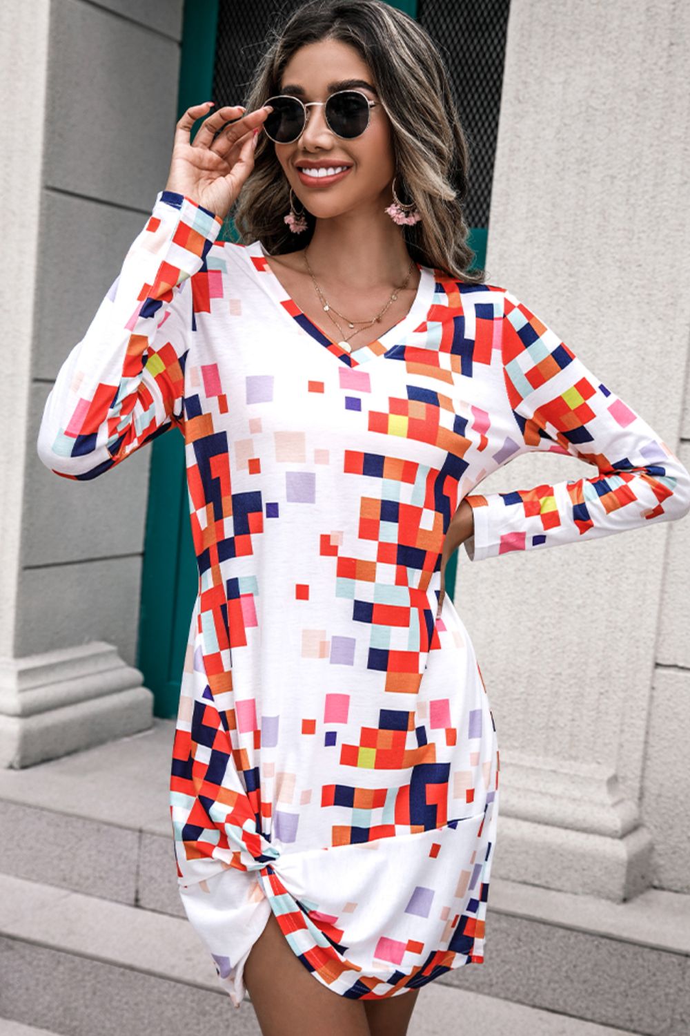 Shiny Rainbow Checker Twisted Long Sleeve Dress - ViarousViarousViarous