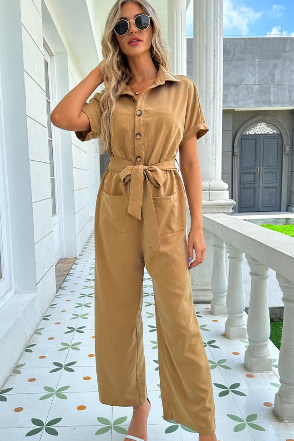 Shiny Tie Belt Buttoned Short Sleeve Collared Neck Jumpsuit - ViarousViarousViarous