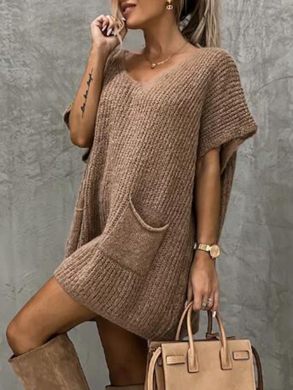 Short Sleeve Sweater Dress with Pockets - ViarousViarousViarous