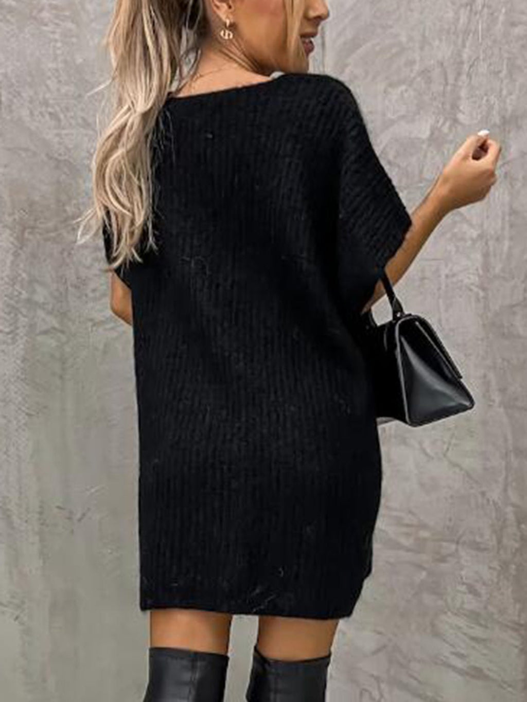 Short Sleeve Sweater Dress with Pockets - ViarousViarousViarous