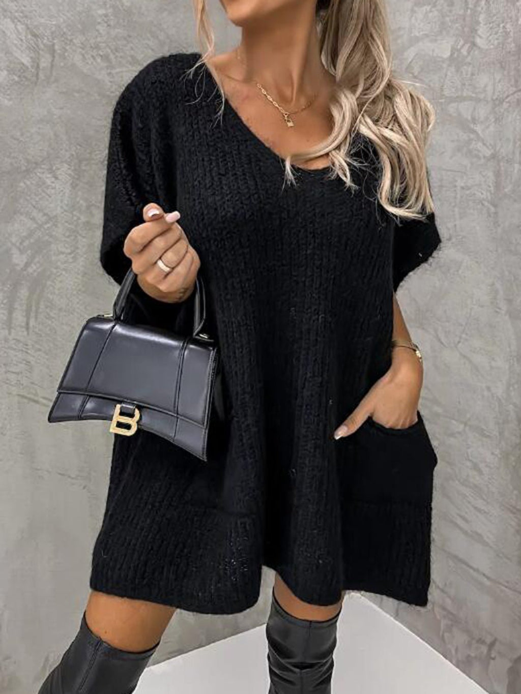 Short Sleeve Sweater Dress with Pockets - ViarousViarousViarous