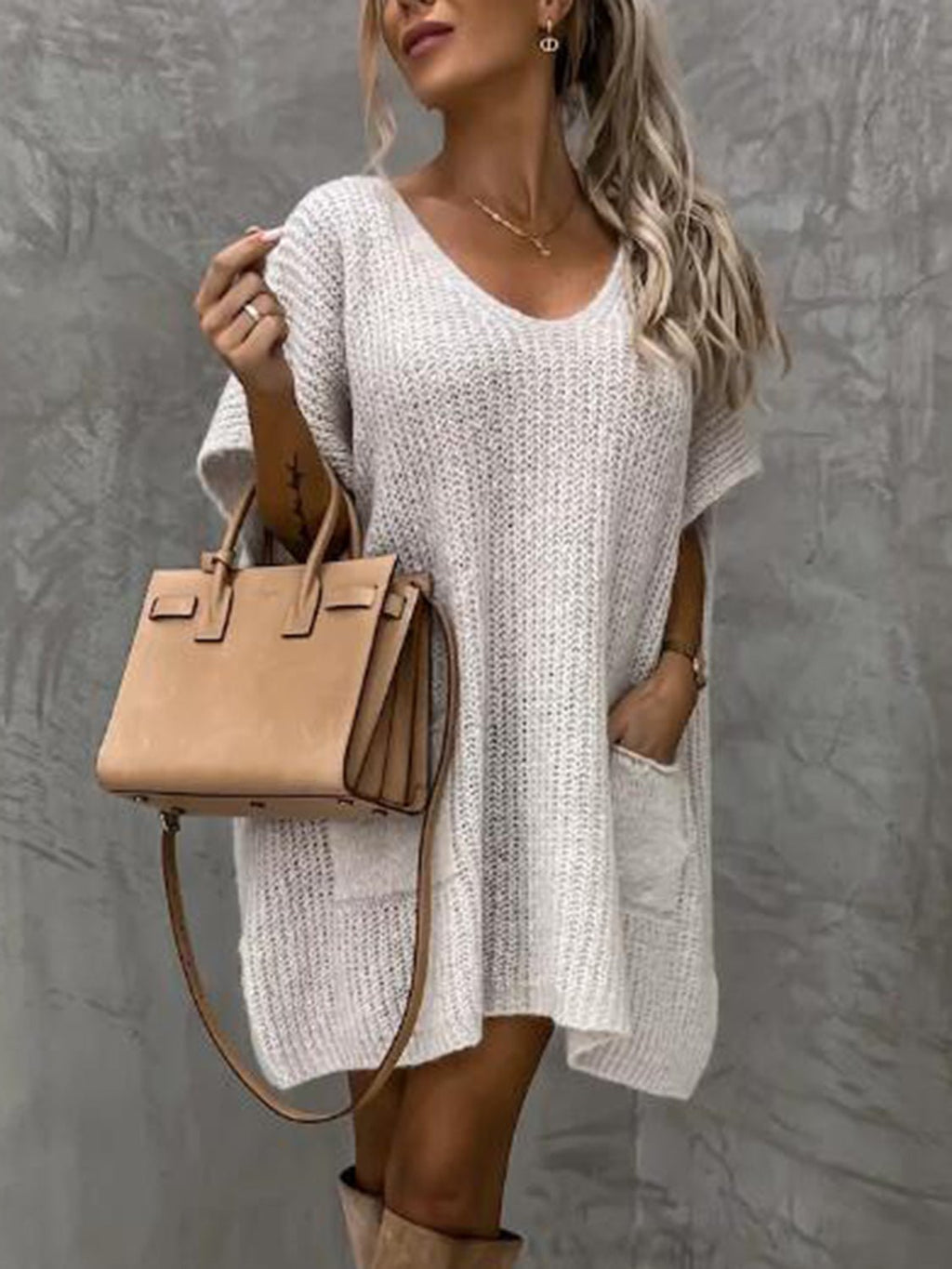 Short Sleeve Sweater Dress with Pockets - ViarousViarousViarous