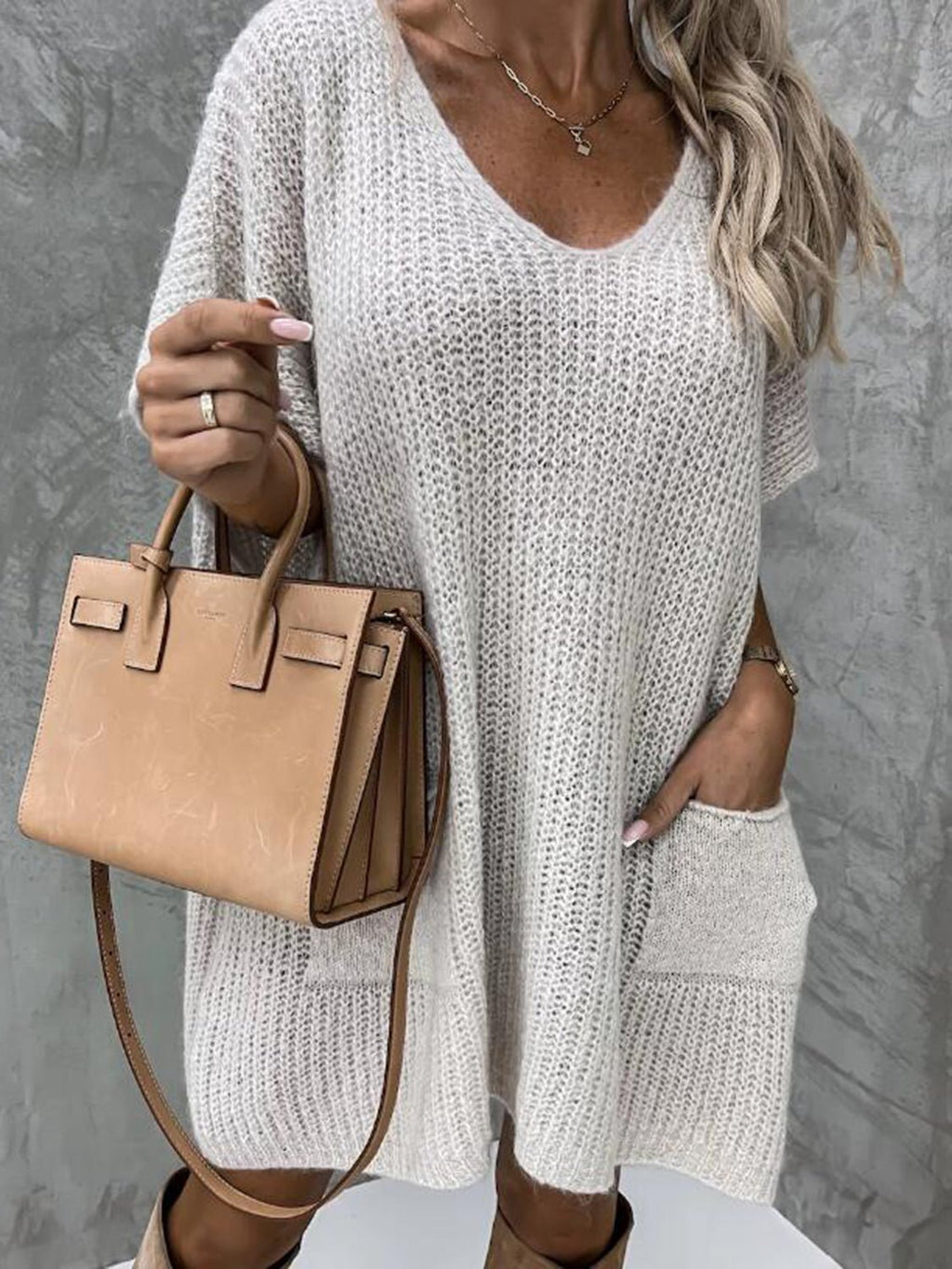 Short Sleeve Sweater Dress with Pockets - ViarousViarousViarous