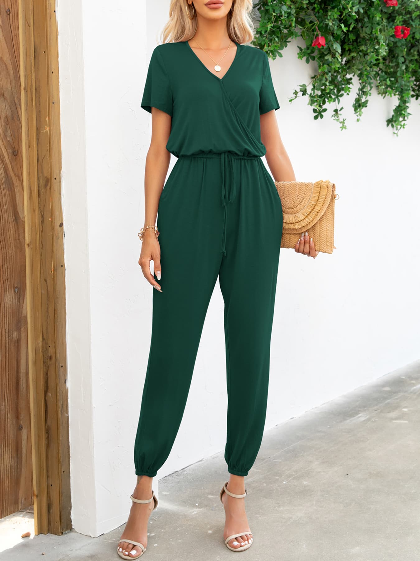 Short Sleeve V - Neck Jumpsuit with Pockets - ViarousViarousViarous