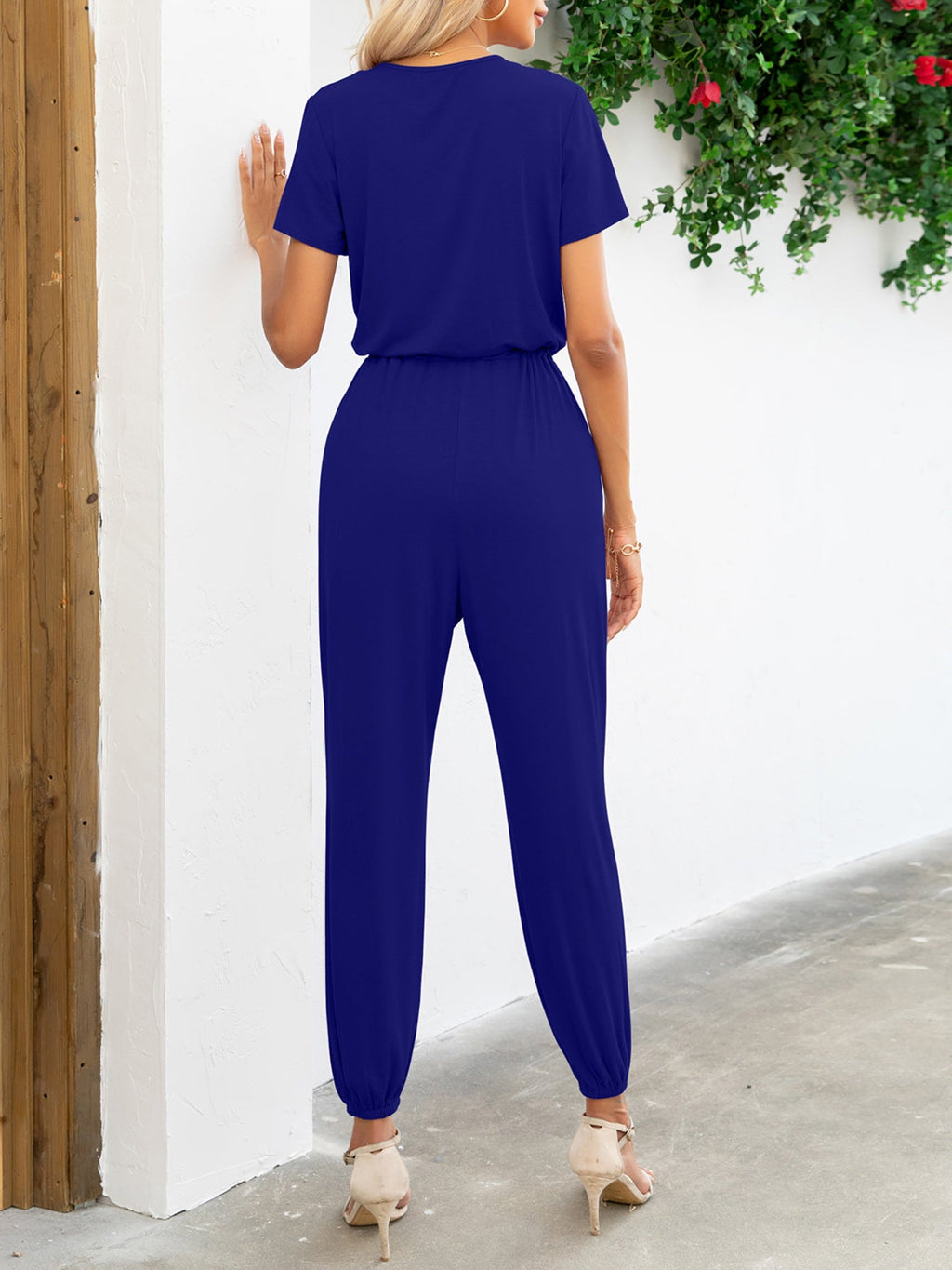 Short Sleeve V - Neck Jumpsuit with Pockets - ViarousViarousViarous