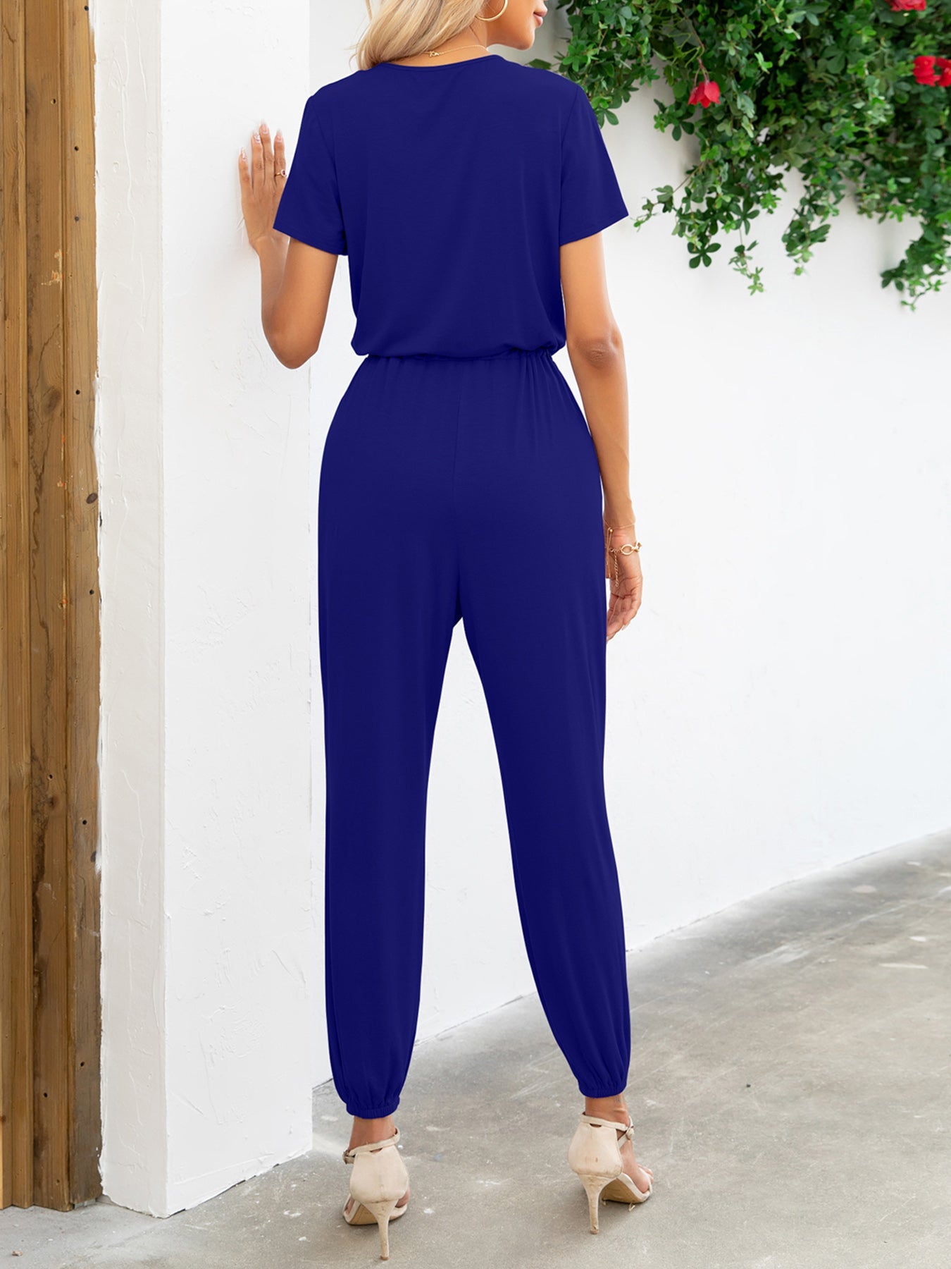 Short Sleeve V - Neck Jumpsuit with Pockets - ViarousViarousViarous