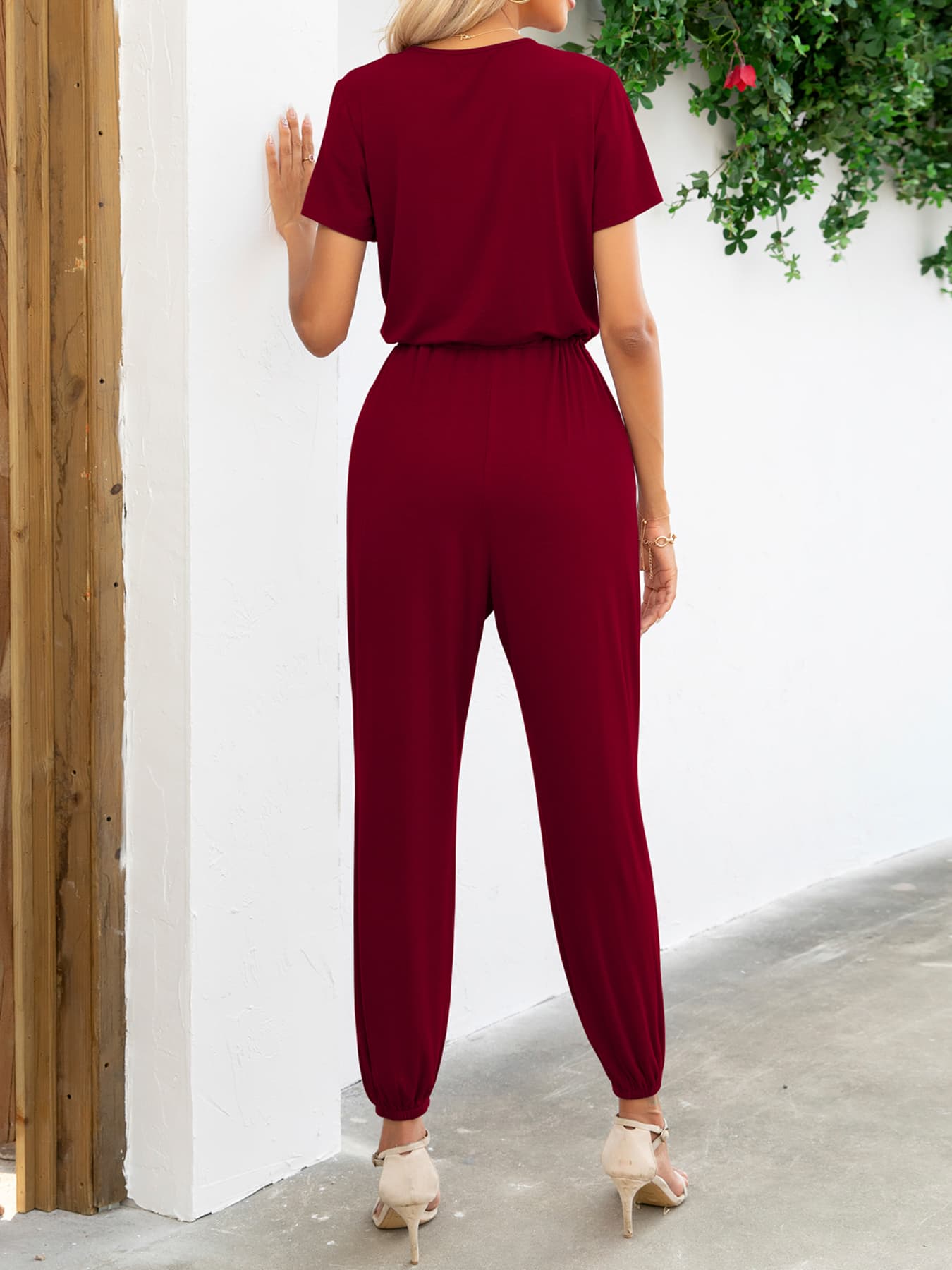 Short Sleeve V - Neck Jumpsuit with Pockets - ViarousViarousViarous