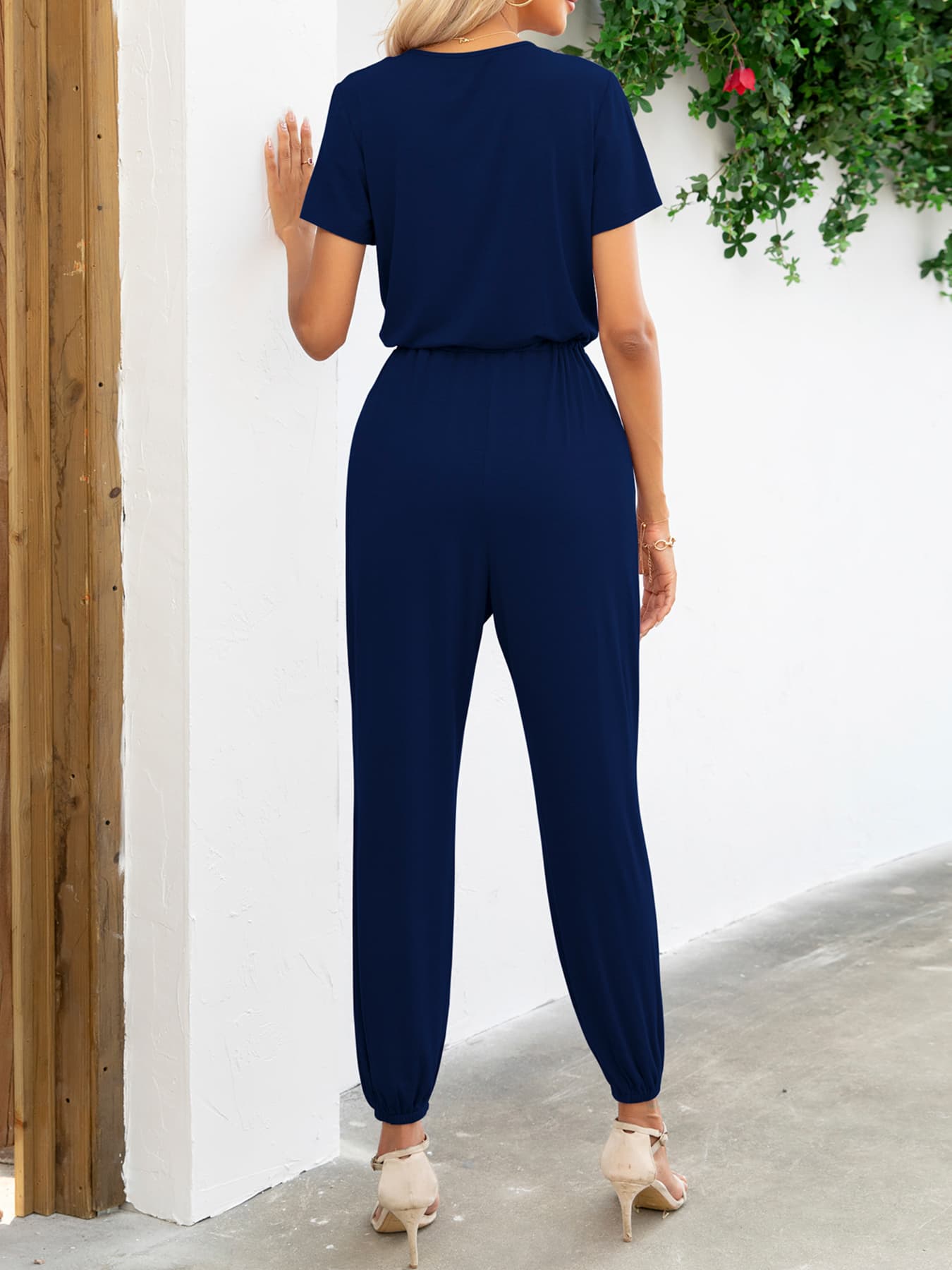 Short Sleeve V - Neck Jumpsuit with Pockets - ViarousViarousViarous