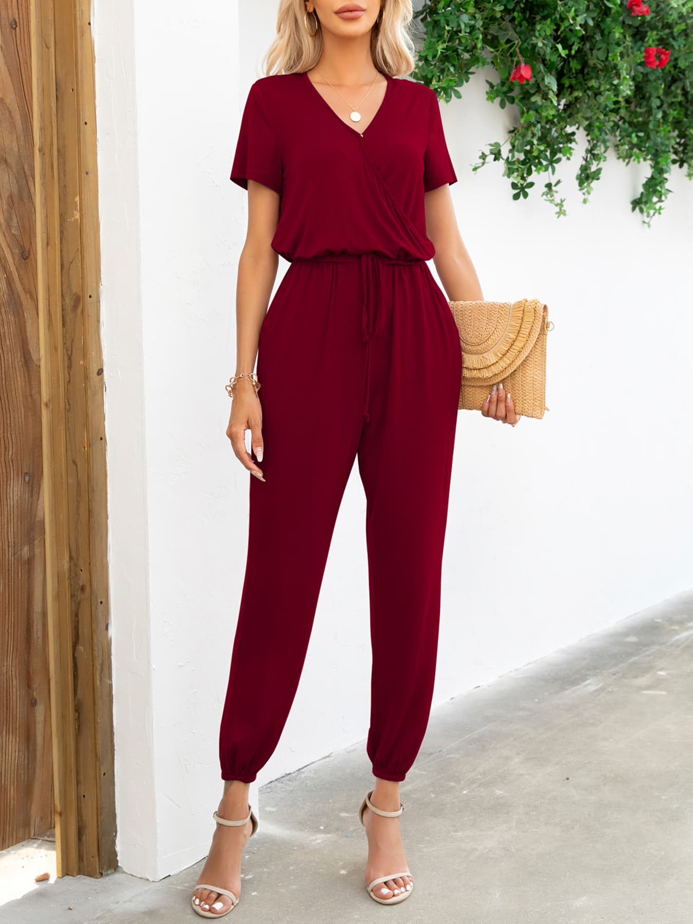Short Sleeve V - Neck Jumpsuit with Pockets - ViarousViarousViarous