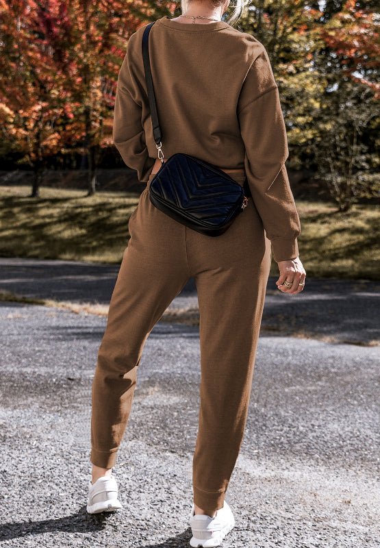 Side Slit Round Neck Long Sleeve Top and Pants Set - ViarousViarousViarous