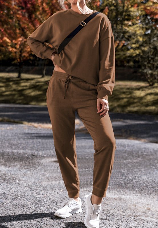Side Slit Round Neck Long Sleeve Top and Pants Set - ViarousViarousViarous