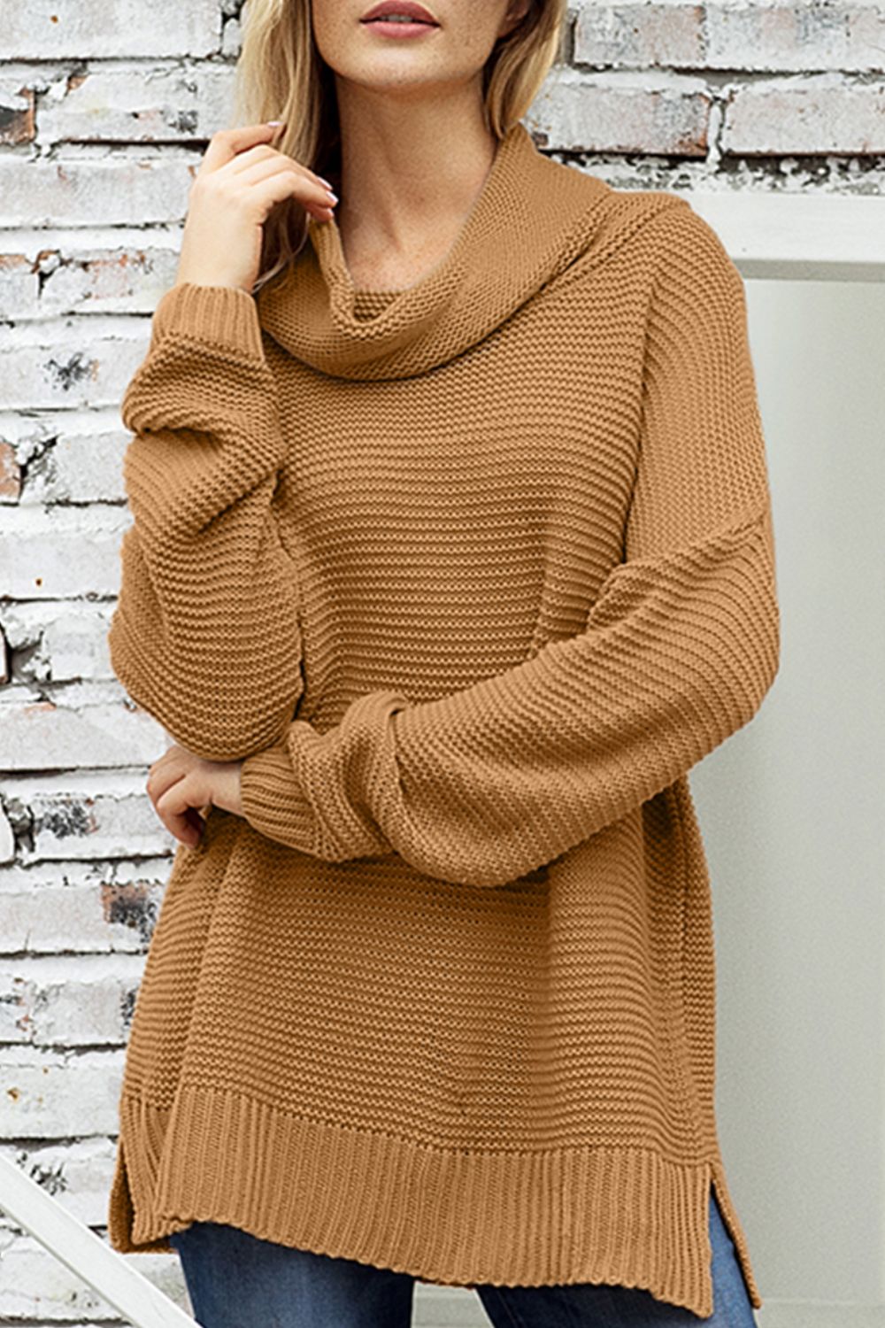 Side Slit Turtleneck Long Sleeve Sweater - ViarousViarousViarous