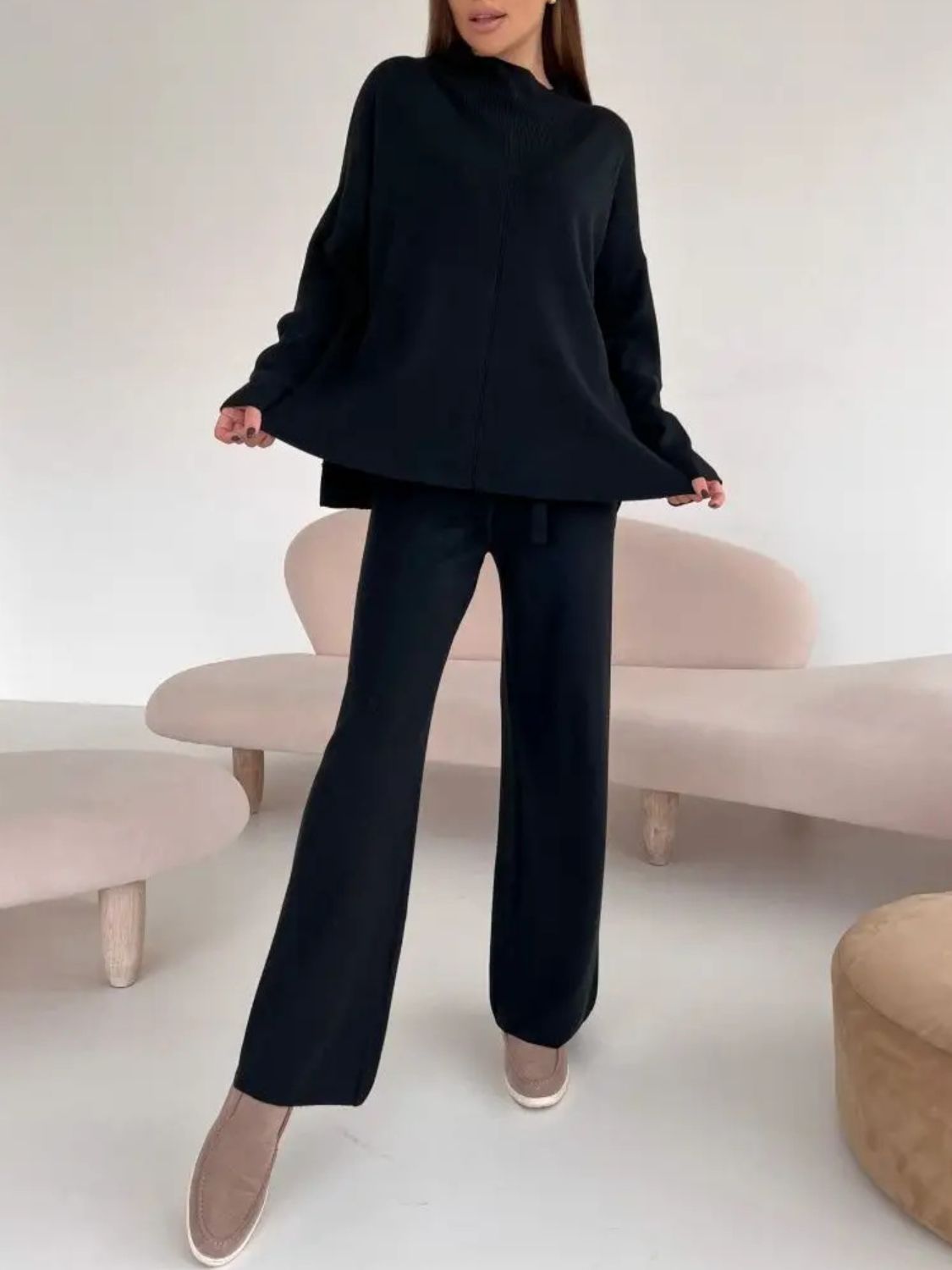 Slit Mock Neck Top and Pants Sweater Set - ViarousViarousViarous