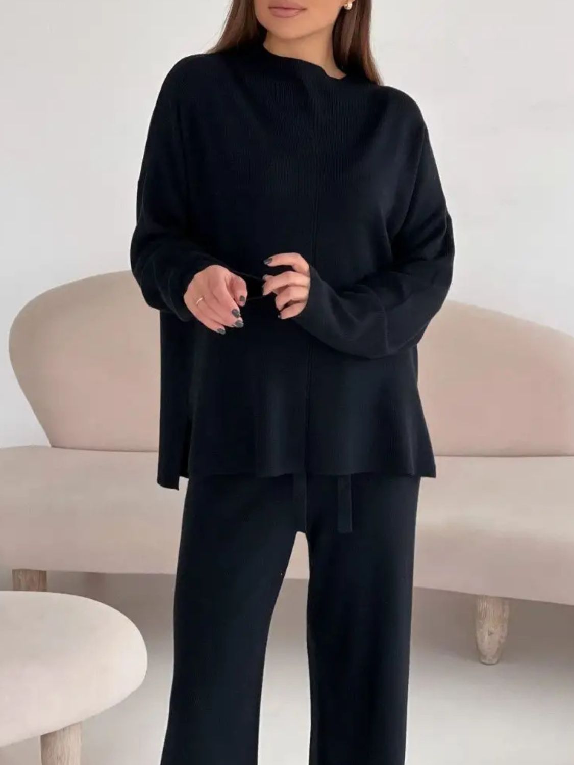 Slit Mock Neck Top and Pants Sweater Set - ViarousViarousViarous