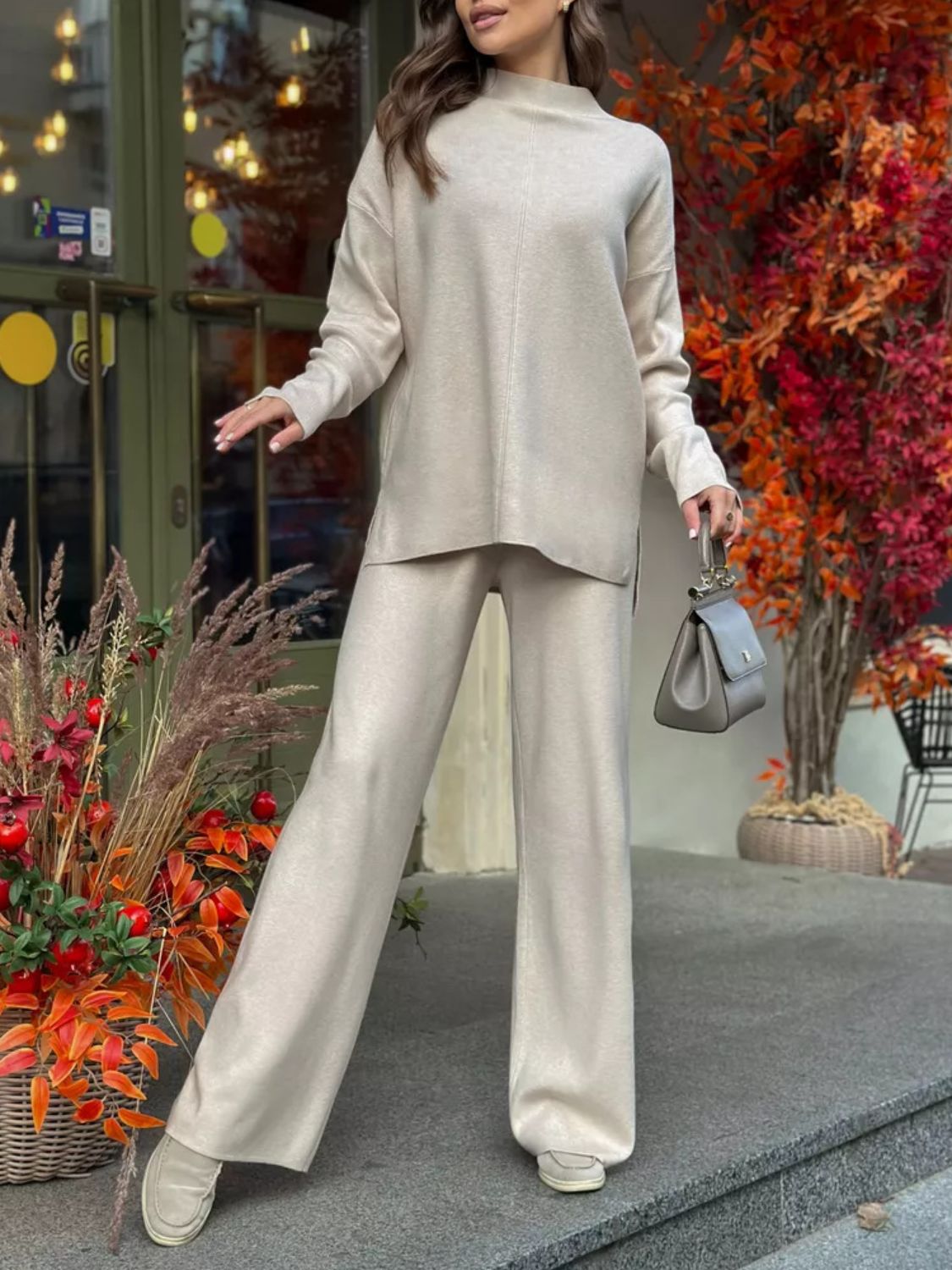Slit Mock Neck Top and Pants Sweater Set - ViarousViarousViarous