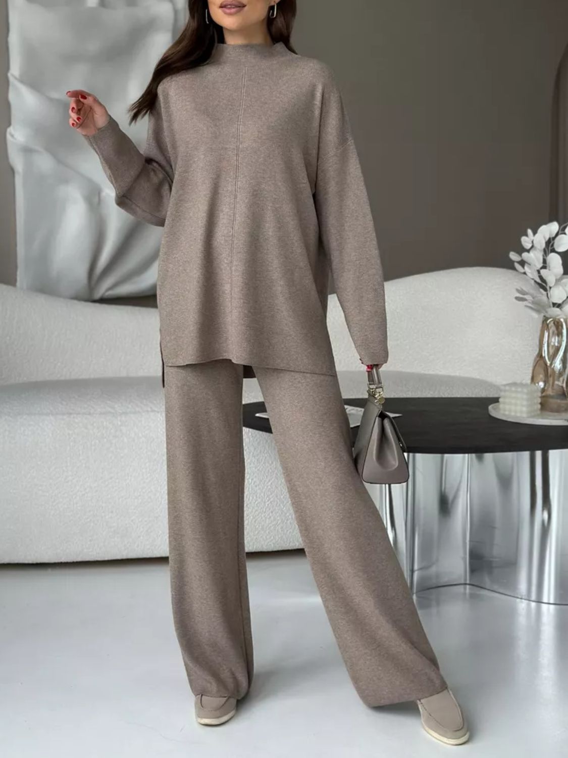 Slit Mock Neck Top and Pants Sweater Set - ViarousViarousViarous
