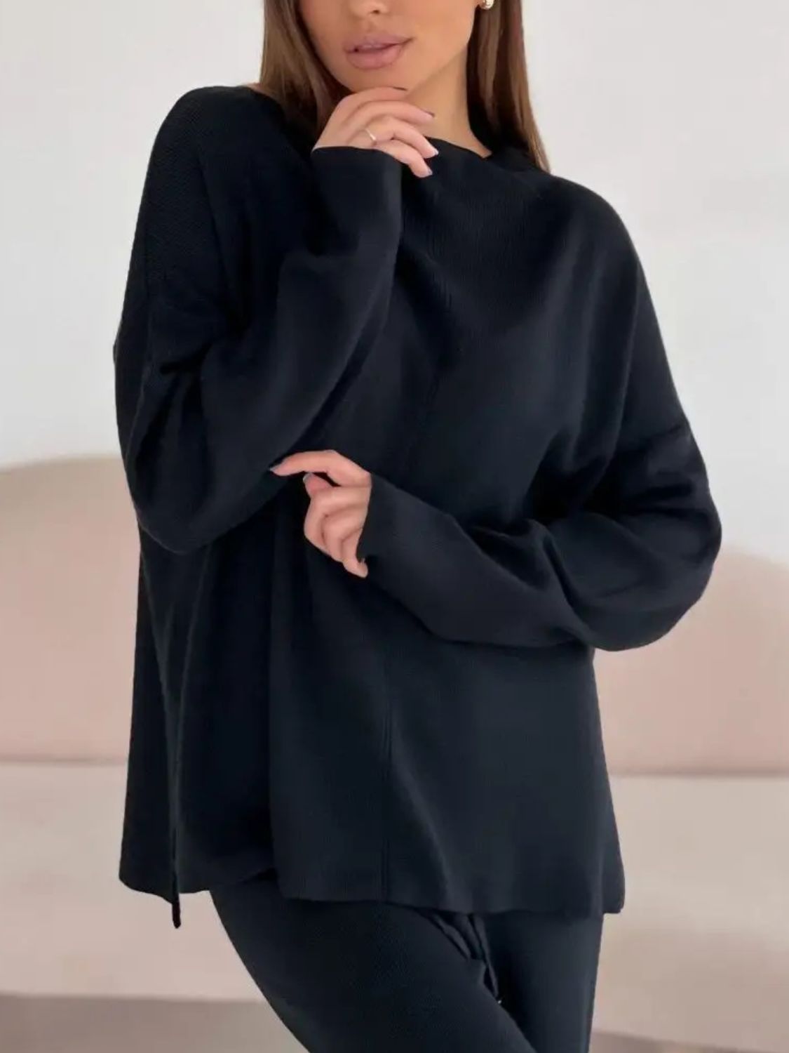 Slit Mock Neck Top and Pants Sweater Set - ViarousViarousViarous
