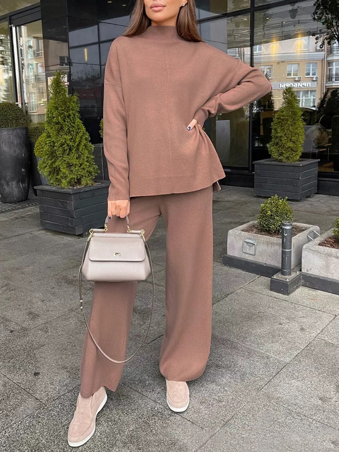 Slit Mock Neck Top and Pants Sweater Set - ViarousViarousViarous