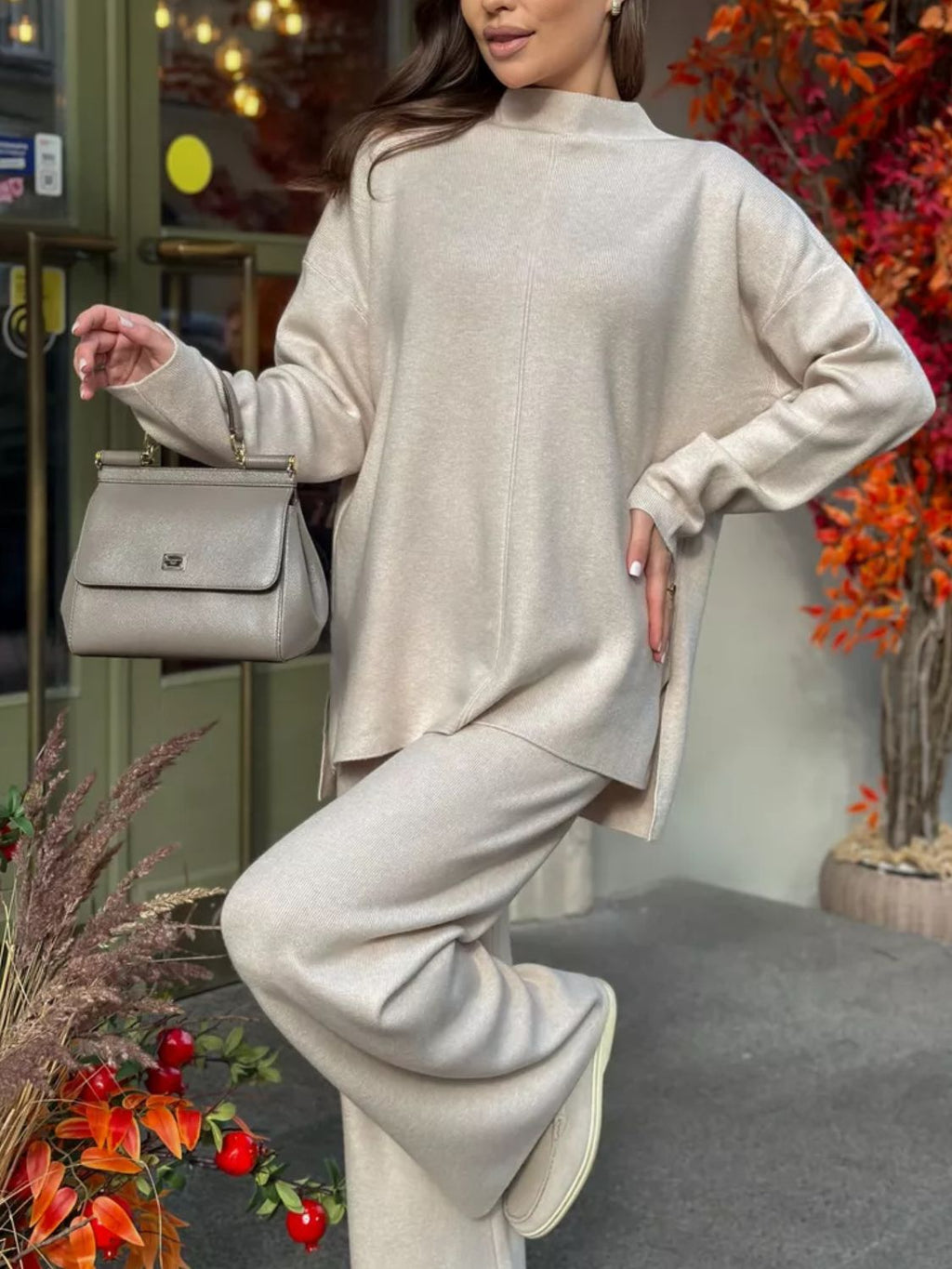 Slit Mock Neck Top and Pants Sweater Set - ViarousViarousViarous