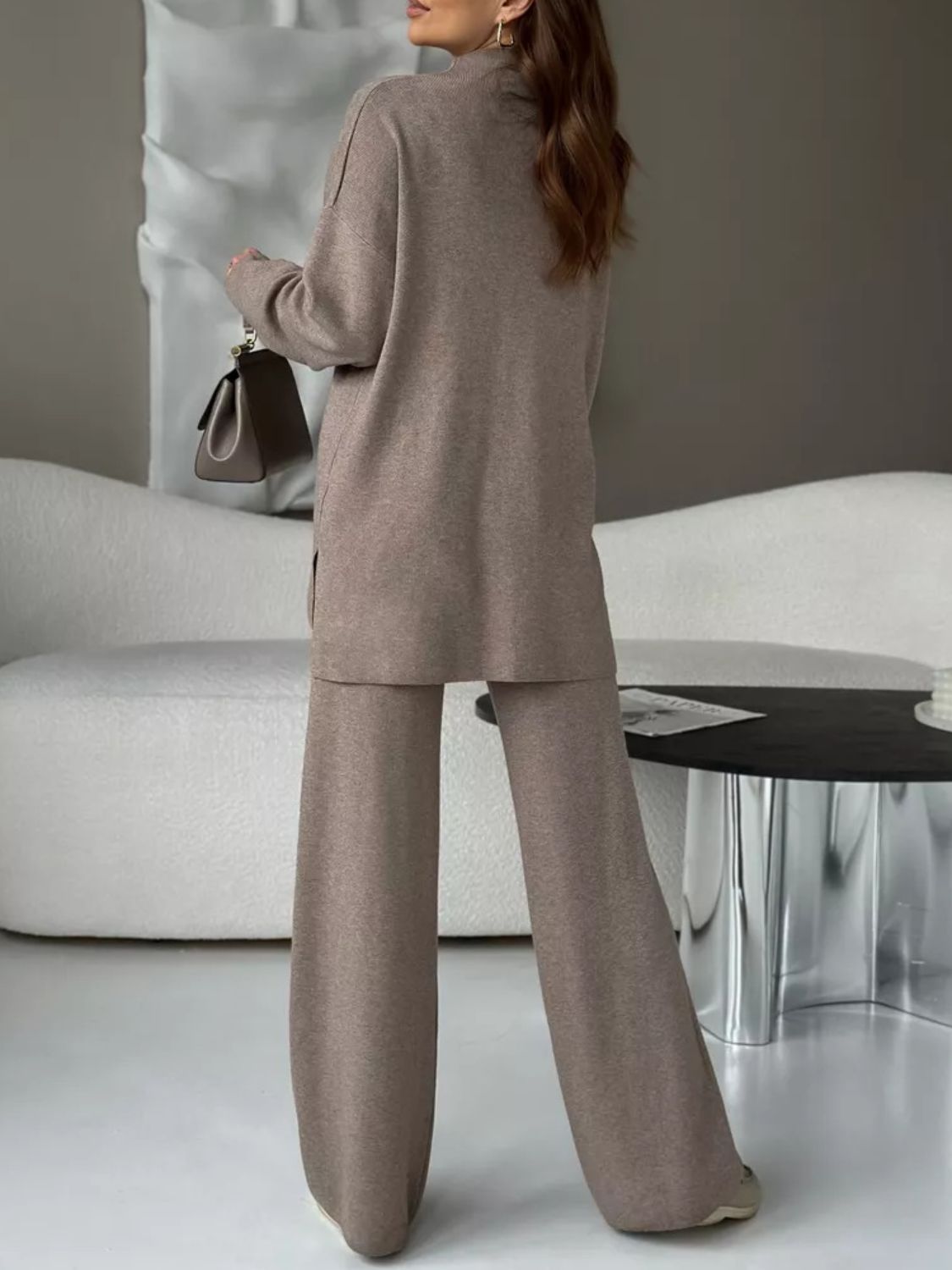 Slit Mock Neck Top and Pants Sweater Set - ViarousViarousViarous