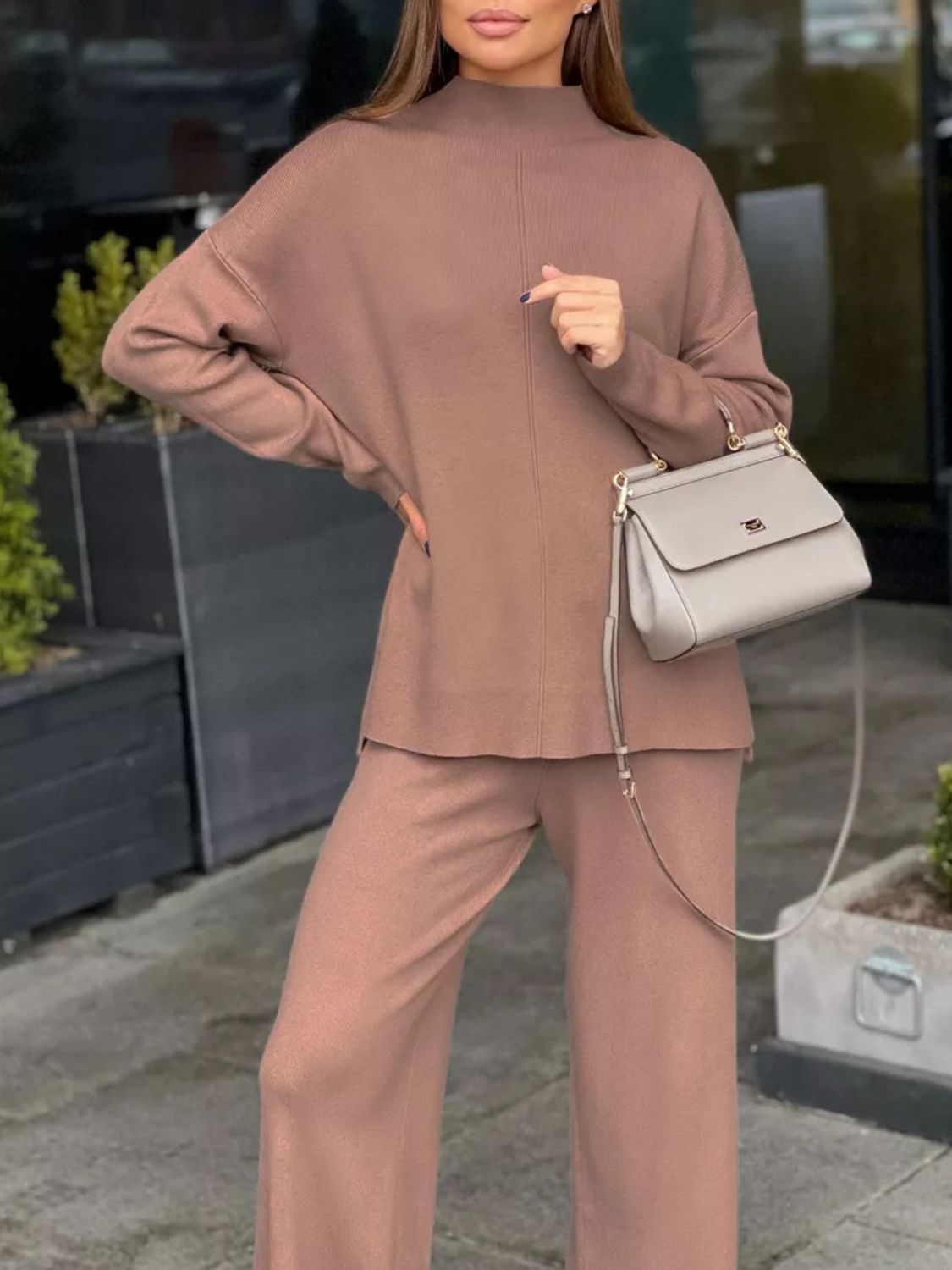 Slit Mock Neck Top and Pants Sweater Set - ViarousViarousViarous