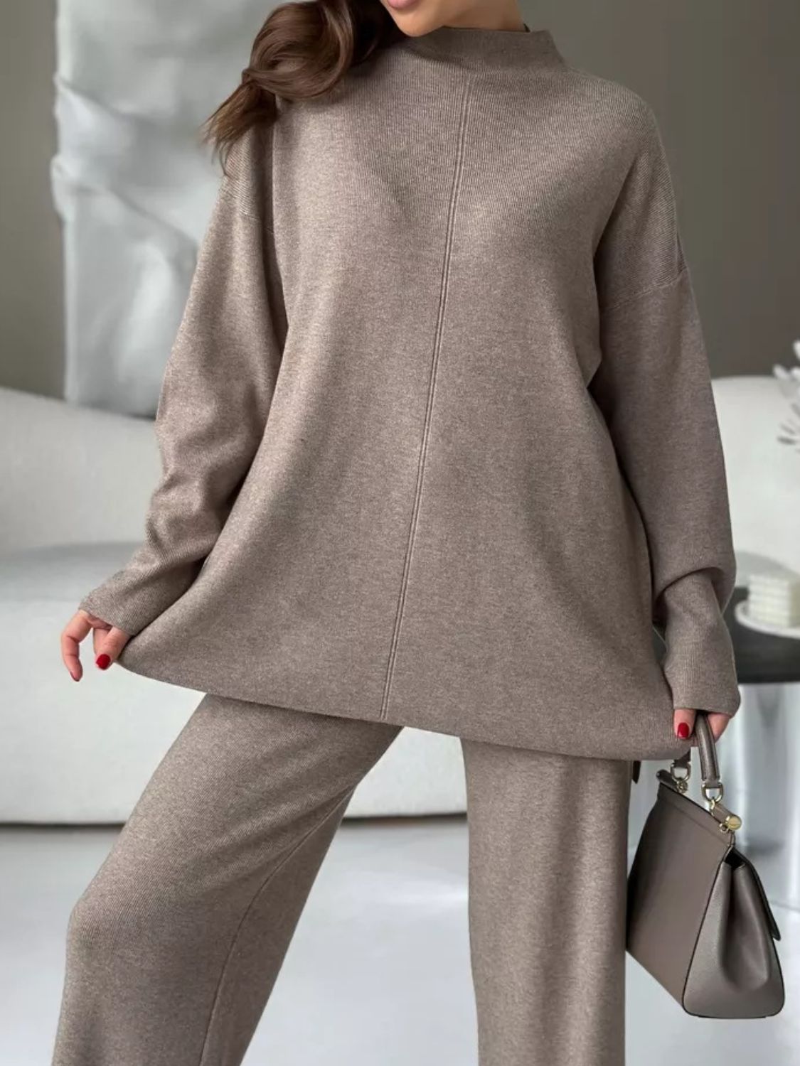 Slit Mock Neck Top and Pants Sweater Set - ViarousViarousViarous