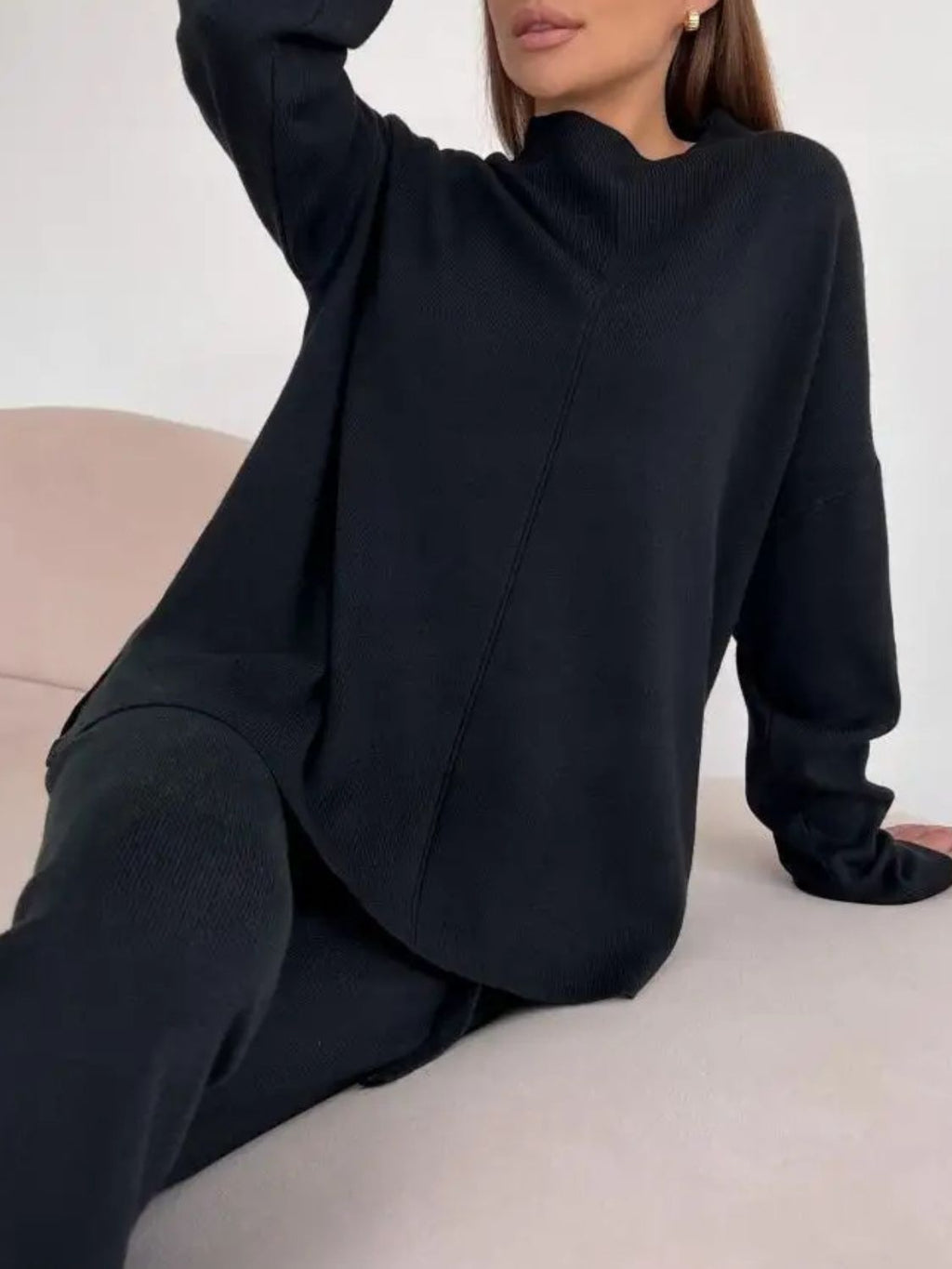 Slit Mock Neck Top and Pants Sweater Set - ViarousViarousViarous
