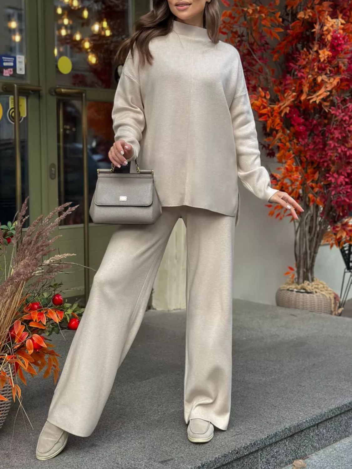 Slit Mock Neck Top and Pants Sweater Set - ViarousViarousViarous