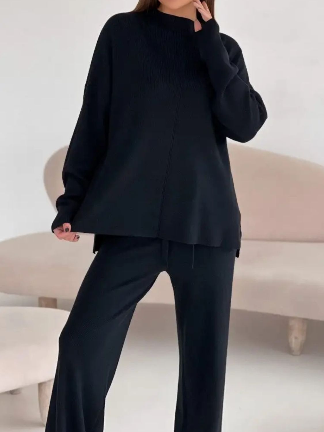 Slit Mock Neck Top and Pants Sweater Set - ViarousViarousViarous