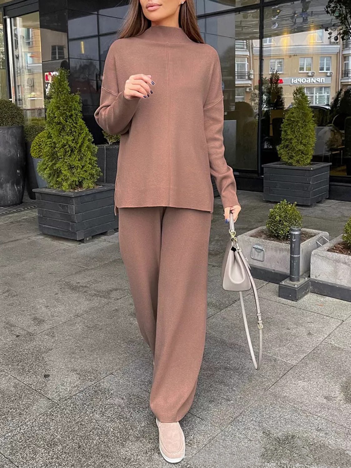 Slit Mock Neck Top and Pants Sweater Set - ViarousViarousViarous