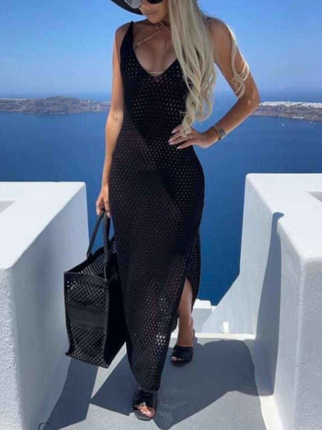 Slit Openwork V - Neck Sleeveless Cover Up - ViarousViarousViarous