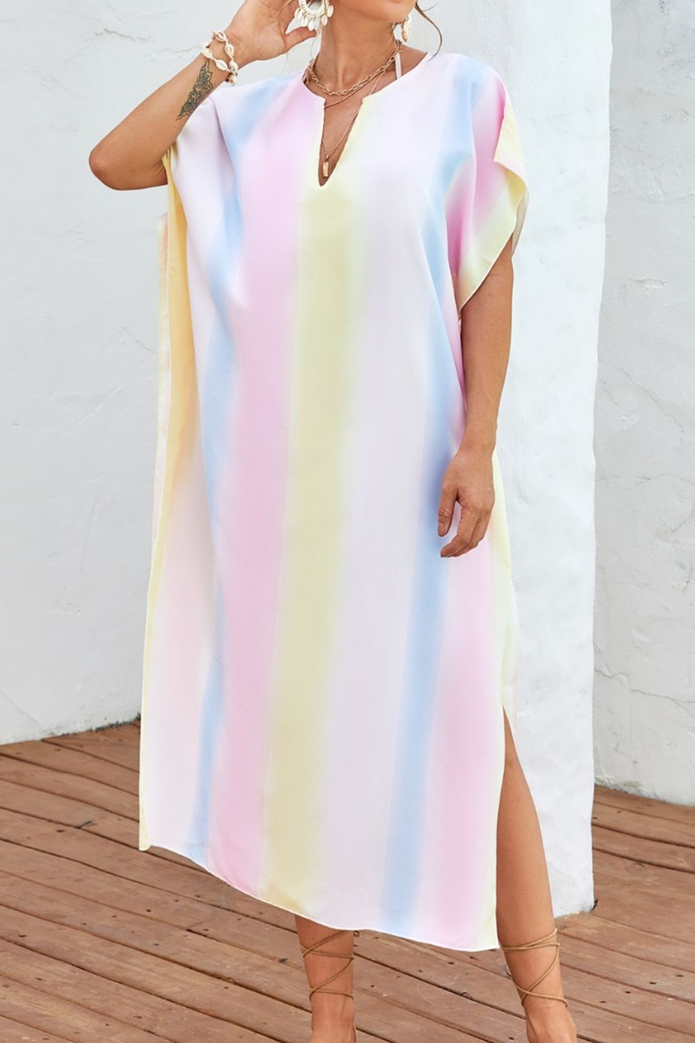 Slit Striped Notched Short Sleeve Cover Up - ViarousViarousViarous