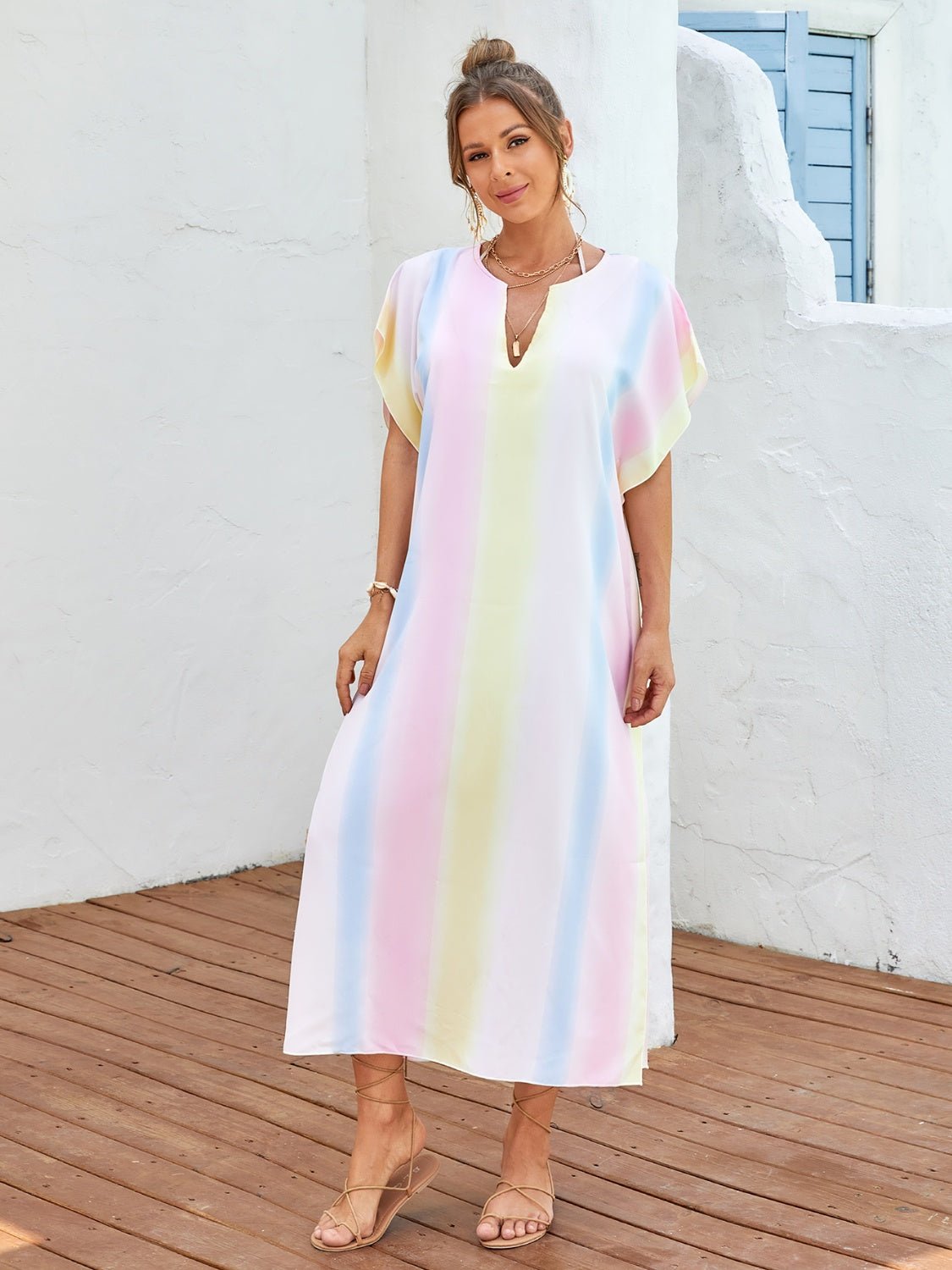 Slit Striped Notched Short Sleeve Cover Up - ViarousViarousViarous