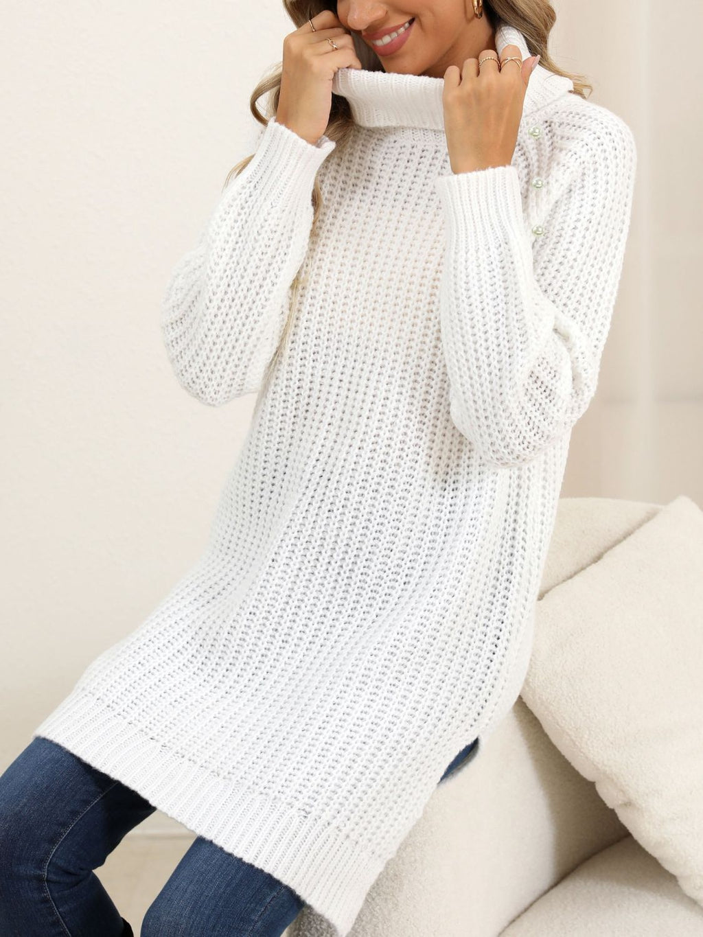 Slit Turtleneck Long Sleeve Sweater - ViarousViarousViarous