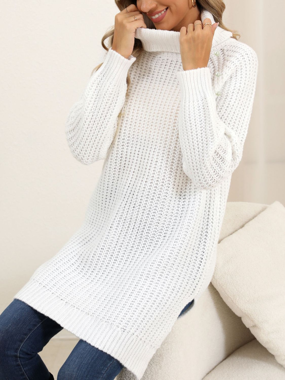 Slit Turtleneck Long Sleeve Sweater - ViarousViarousViarous