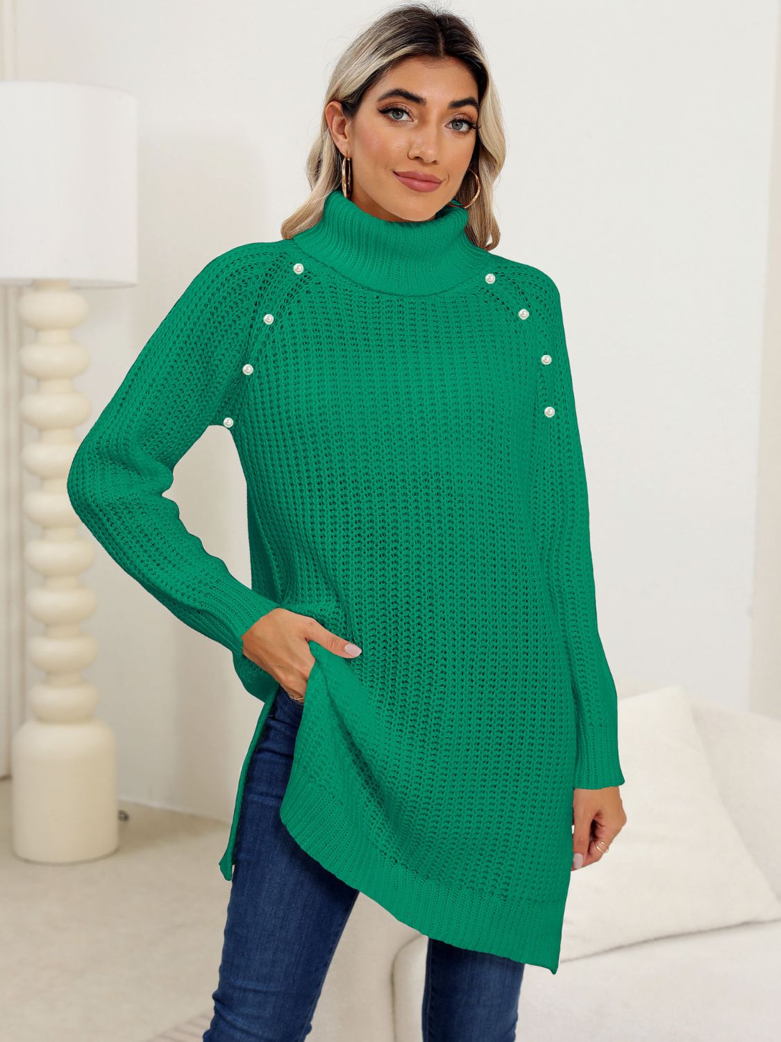 Slit Turtleneck Long Sleeve Sweater - ViarousViarousViarous