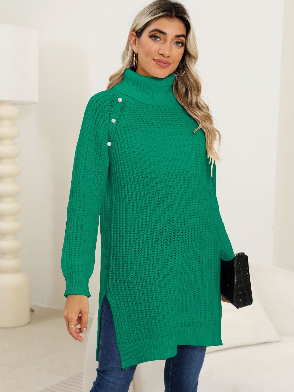 Slit Turtleneck Long Sleeve Sweater - ViarousViarousViarous