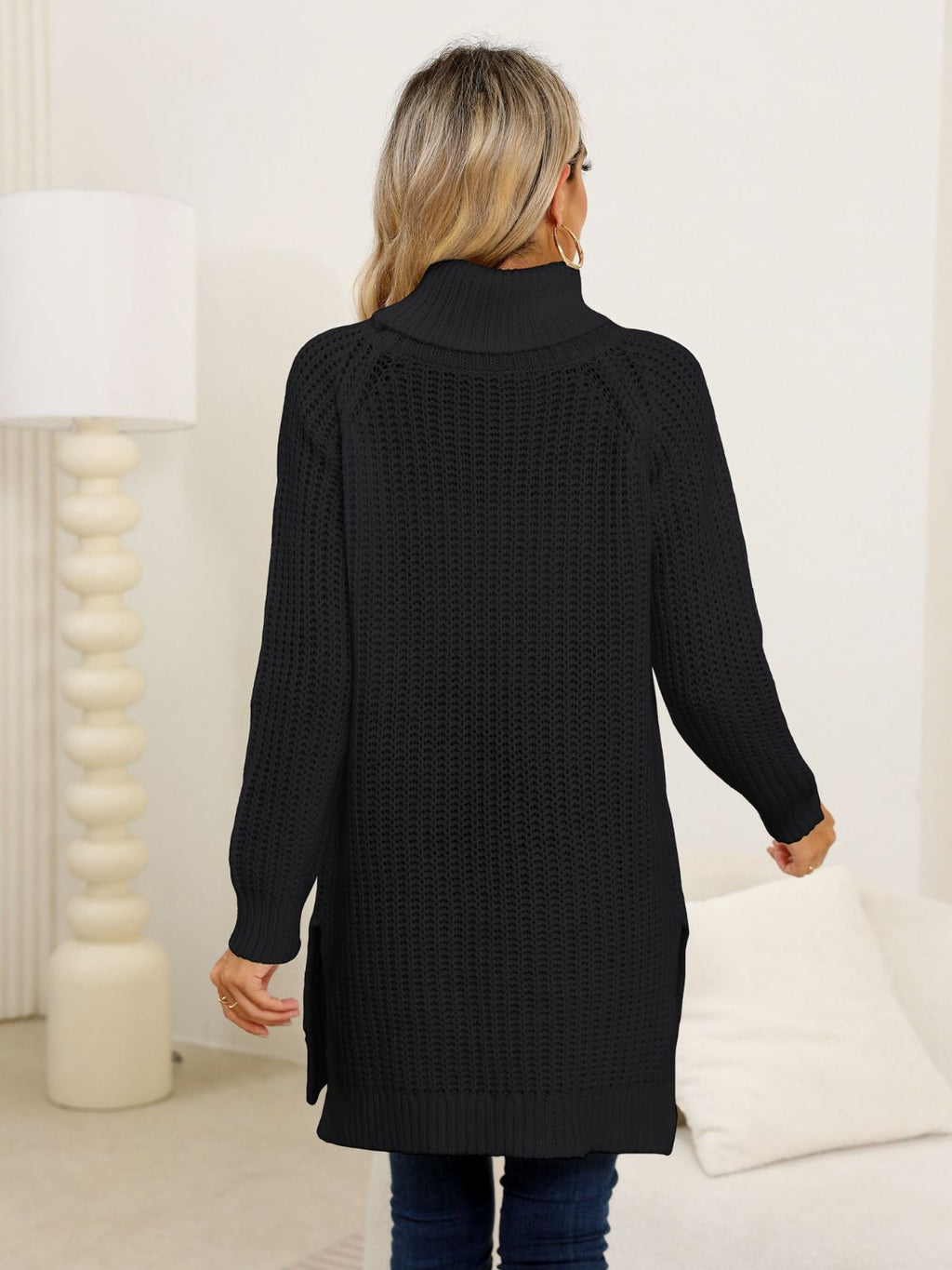 Slit Turtleneck Long Sleeve Sweater - ViarousViarousViarous