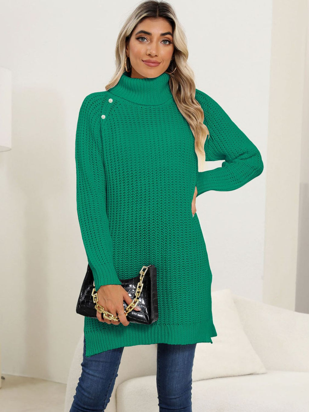 Slit Turtleneck Long Sleeve Sweater - ViarousViarousViarous
