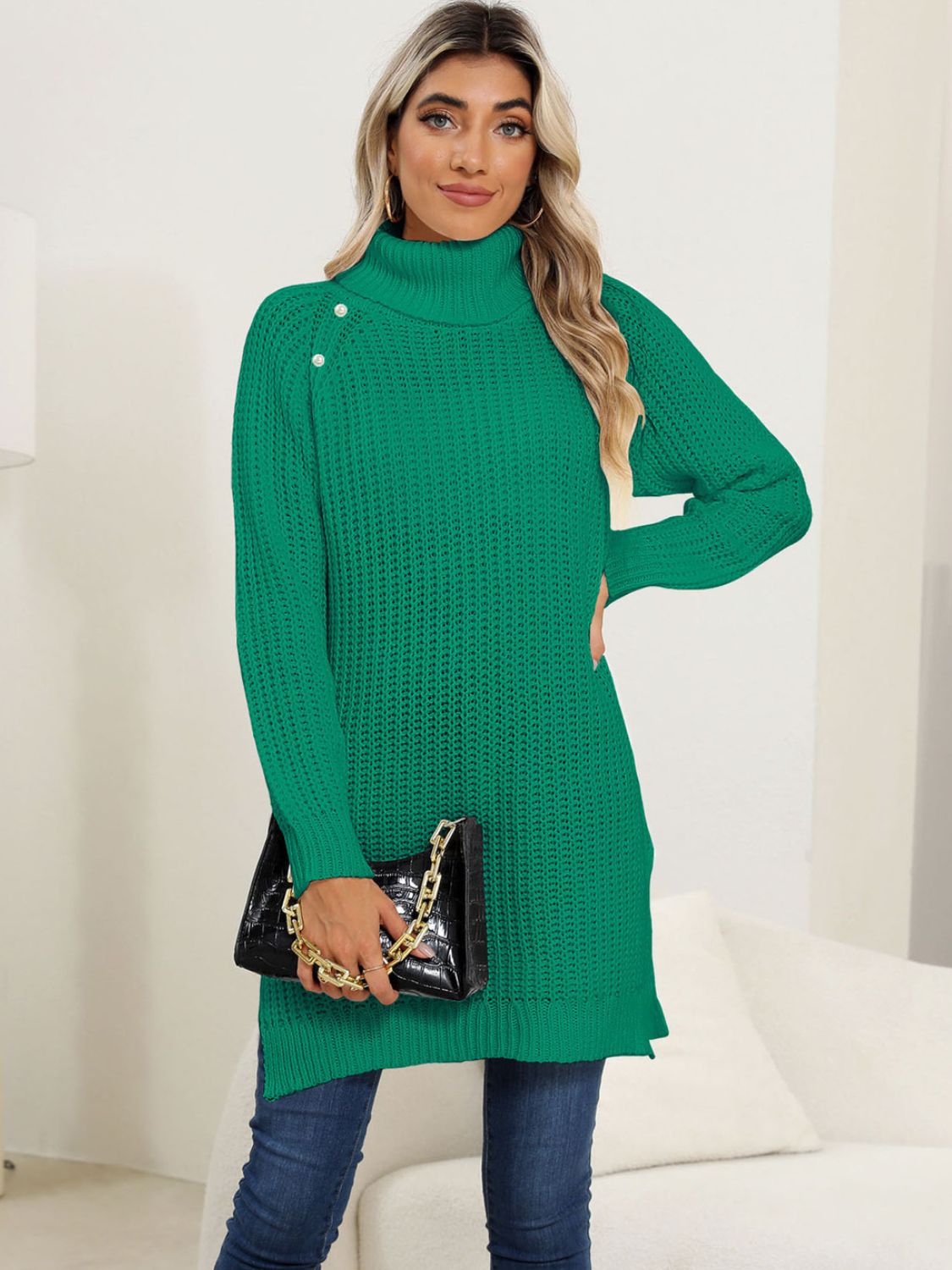 Slit Turtleneck Long Sleeve Sweater - ViarousViarousViarous