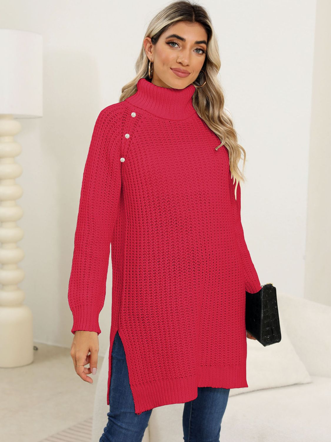 Slit Turtleneck Long Sleeve Sweater - ViarousViarousViarous