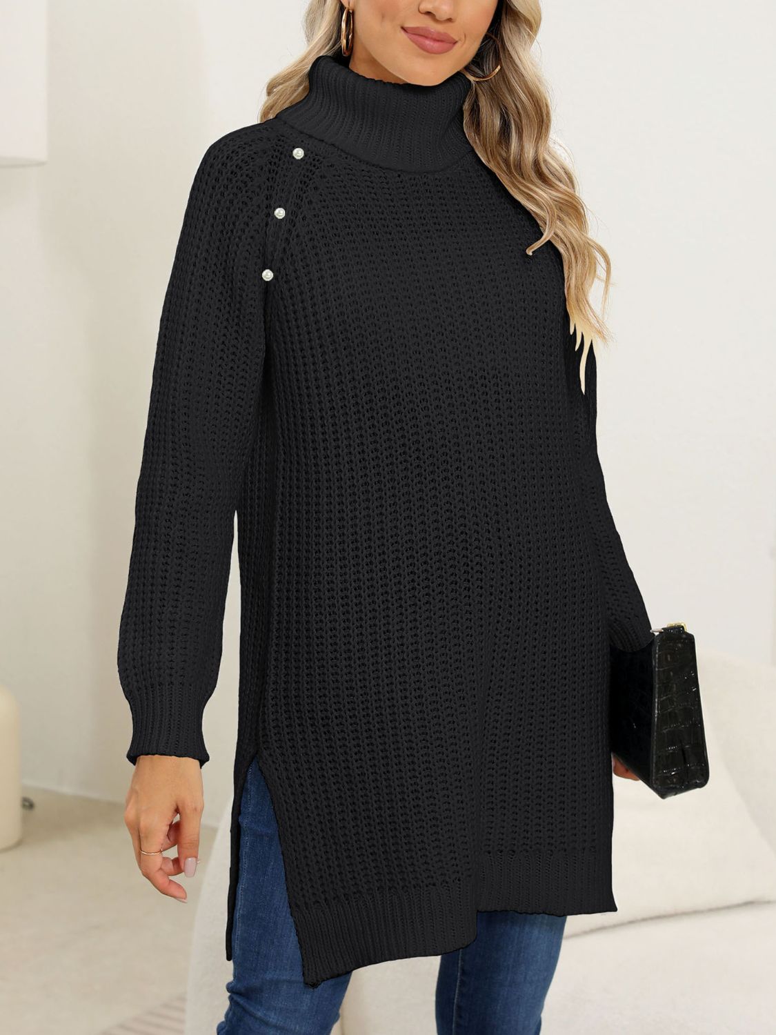 Slit Turtleneck Long Sleeve Sweater - ViarousViarousViarous