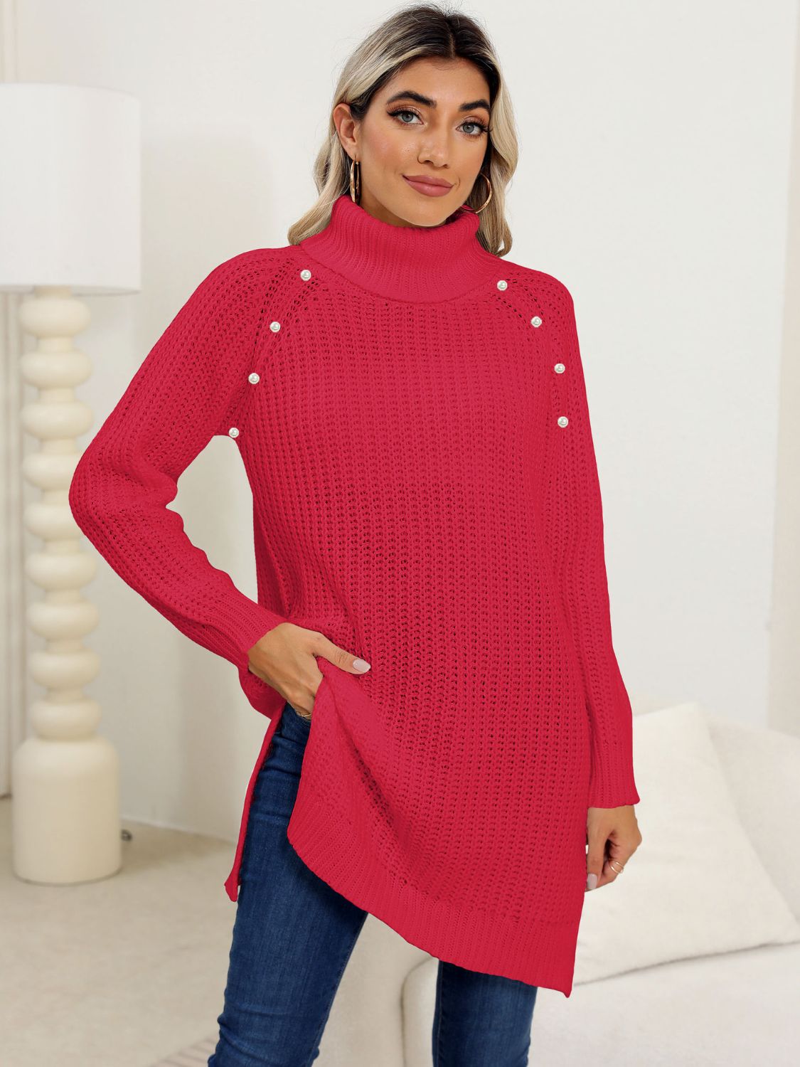 Slit Turtleneck Long Sleeve Sweater - ViarousViarousViarous