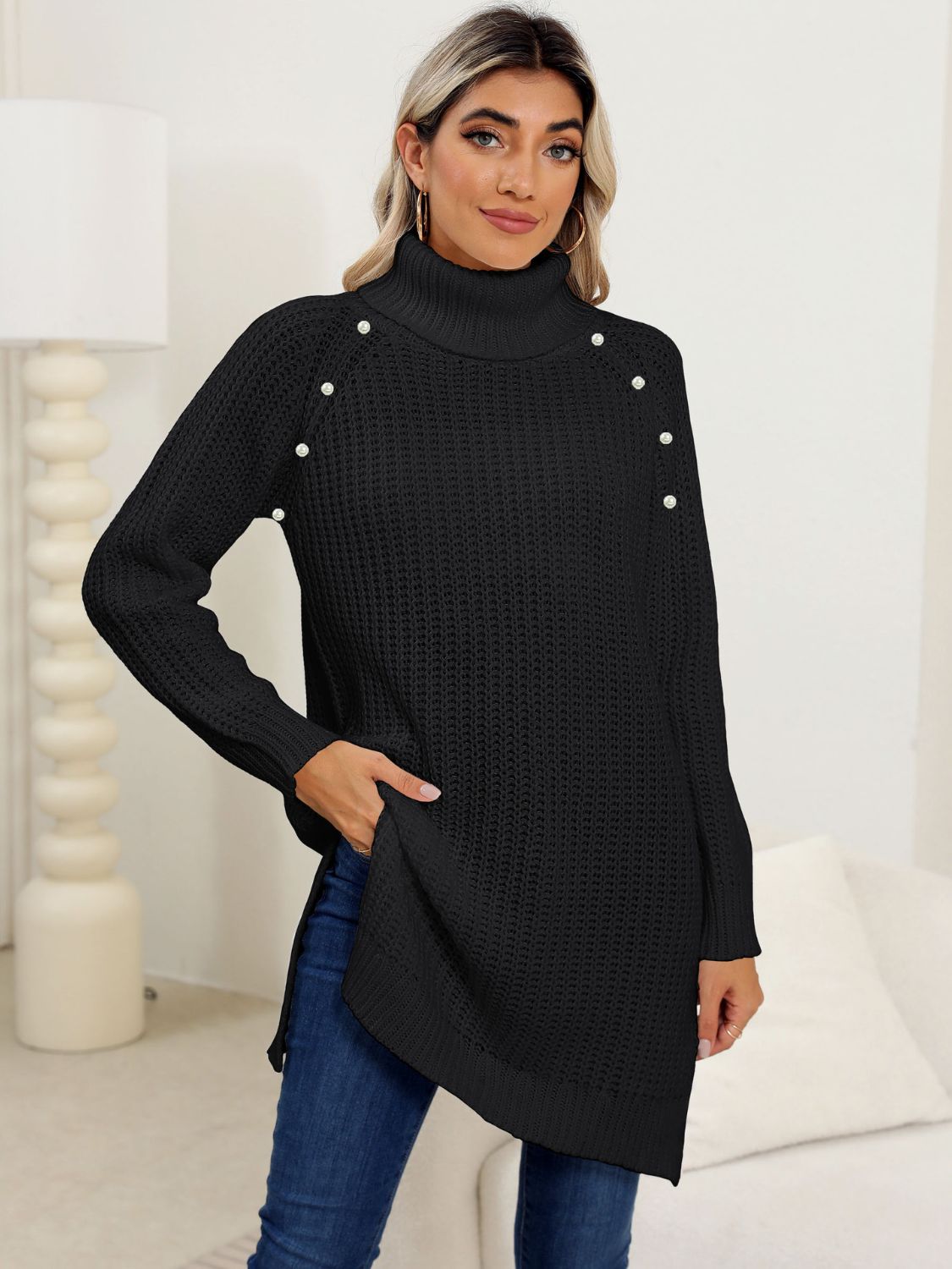 Slit Turtleneck Long Sleeve Sweater - ViarousViarousViarous
