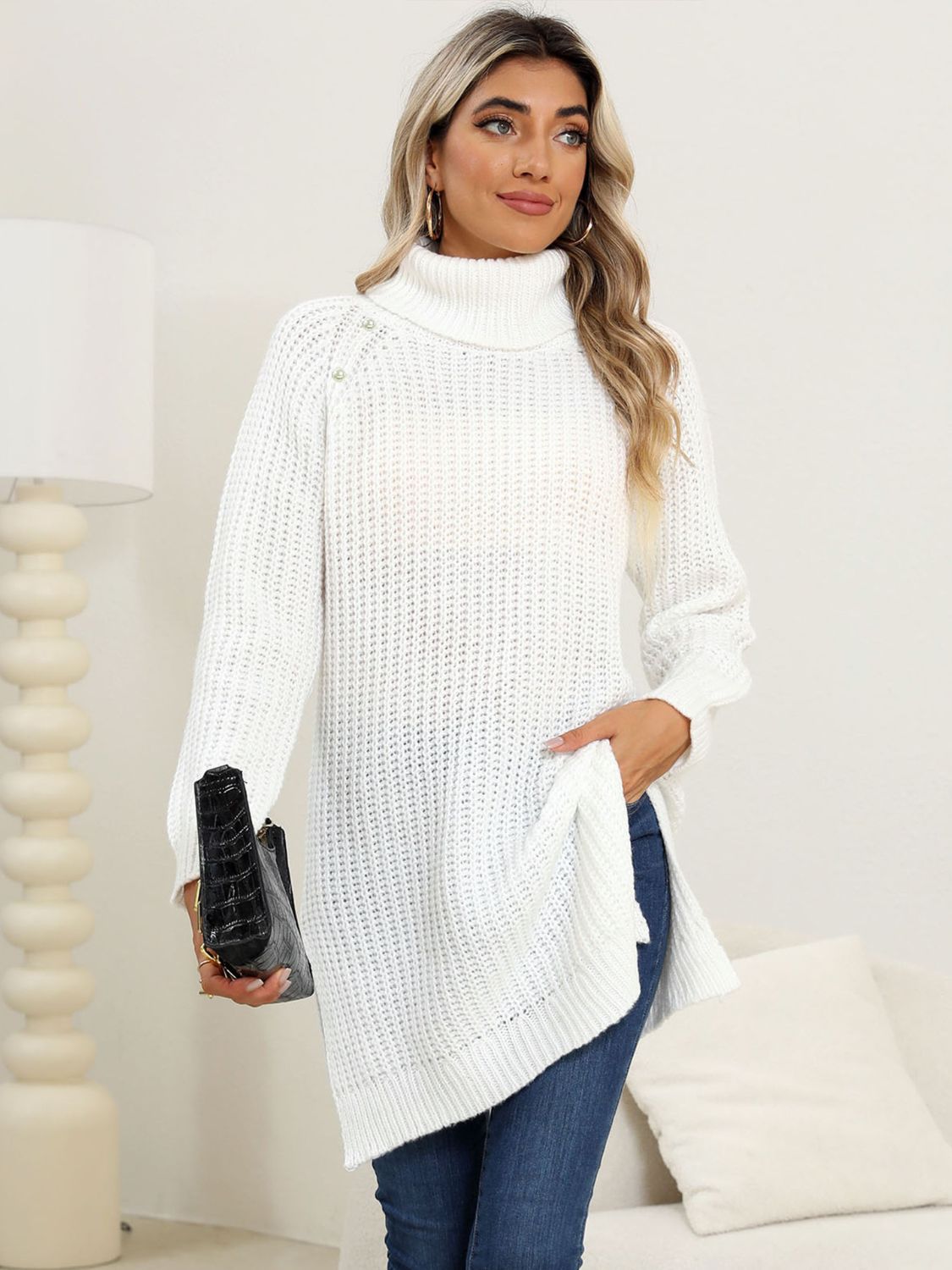 Slit Turtleneck Long Sleeve Sweater - ViarousViarousViarous