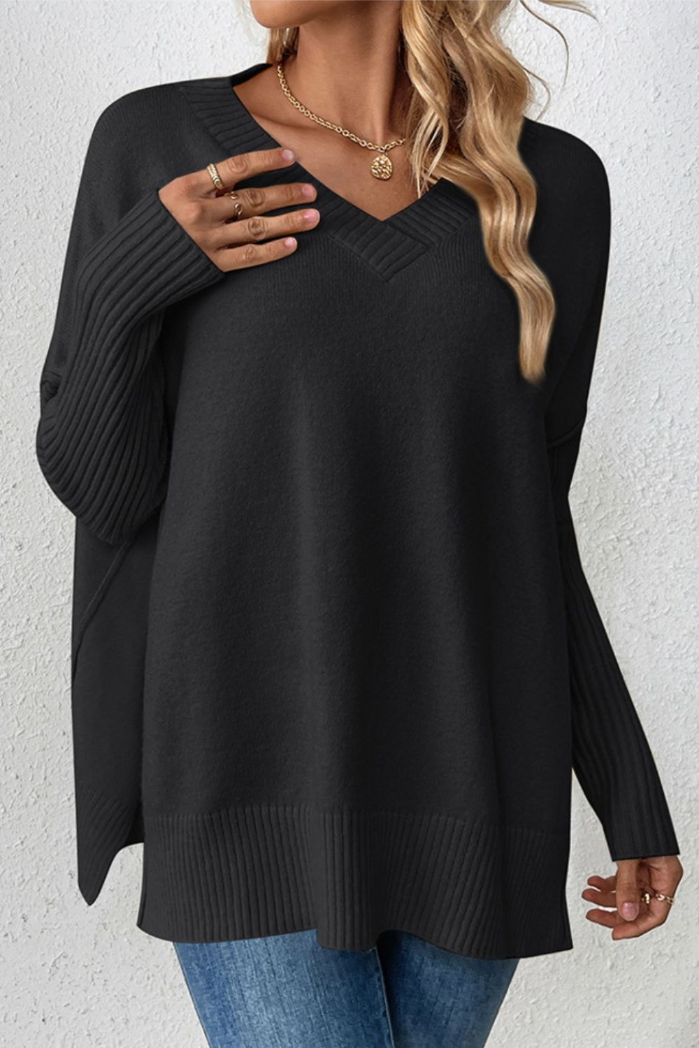 Slit V - Neck Dropped Shoulder Sweater - ViarousViarousViarous