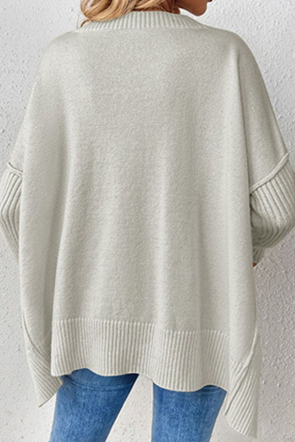 Slit V - Neck Dropped Shoulder Sweater - ViarousViarousViarous